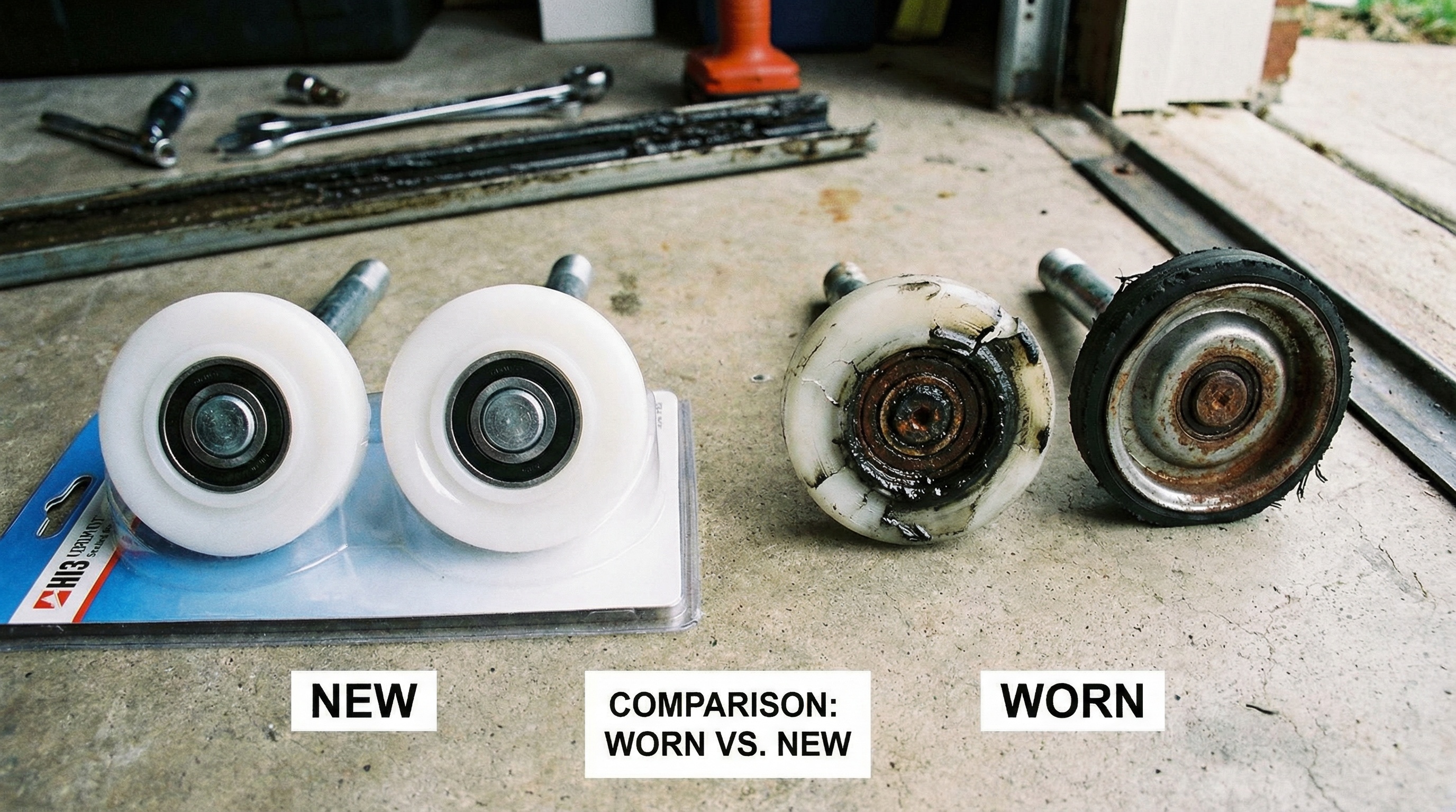 close-up comparison of new versus worn garage door rollers showing wear patterns