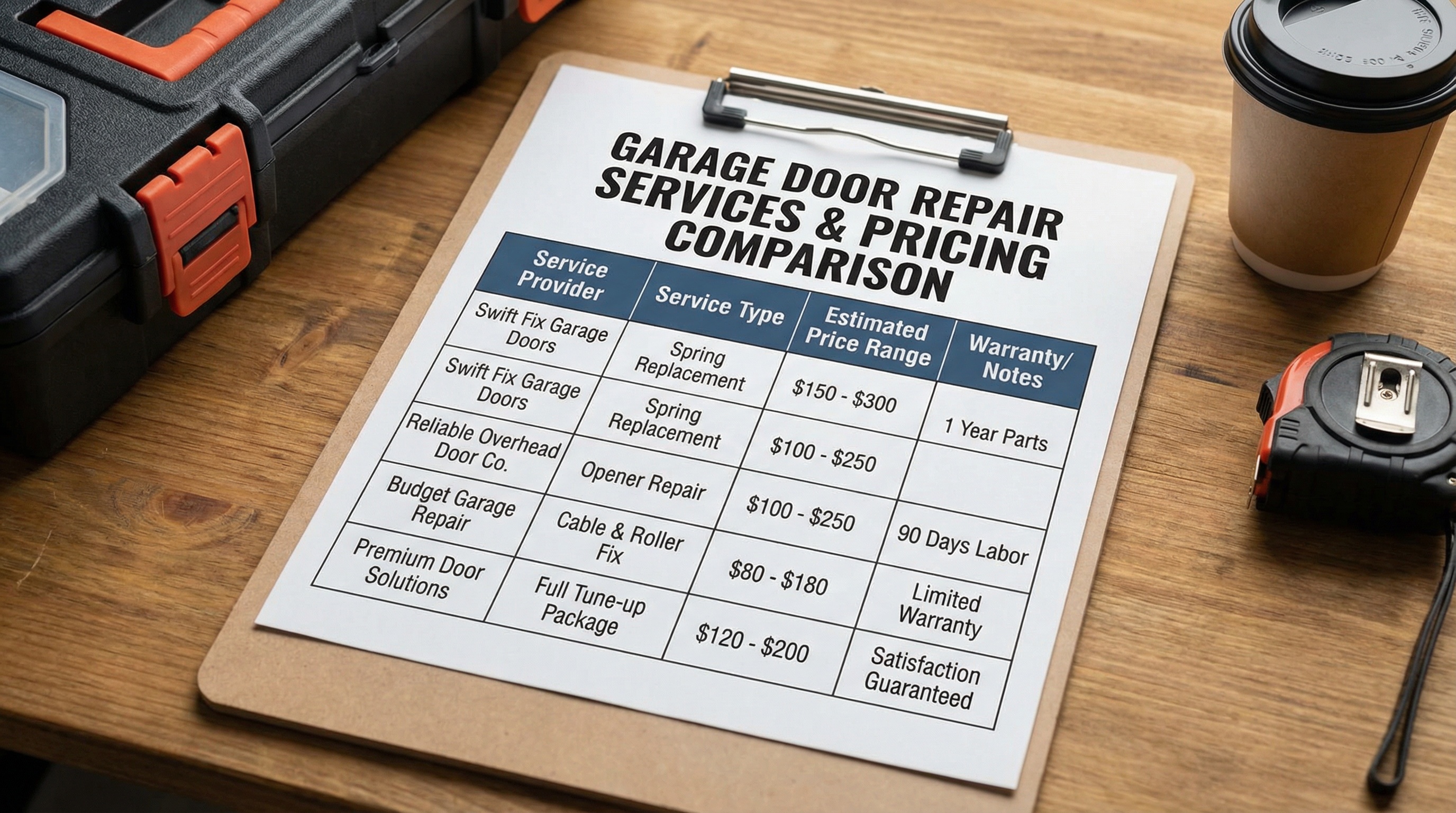 Comparison chart showing different garage door repair services and pricing