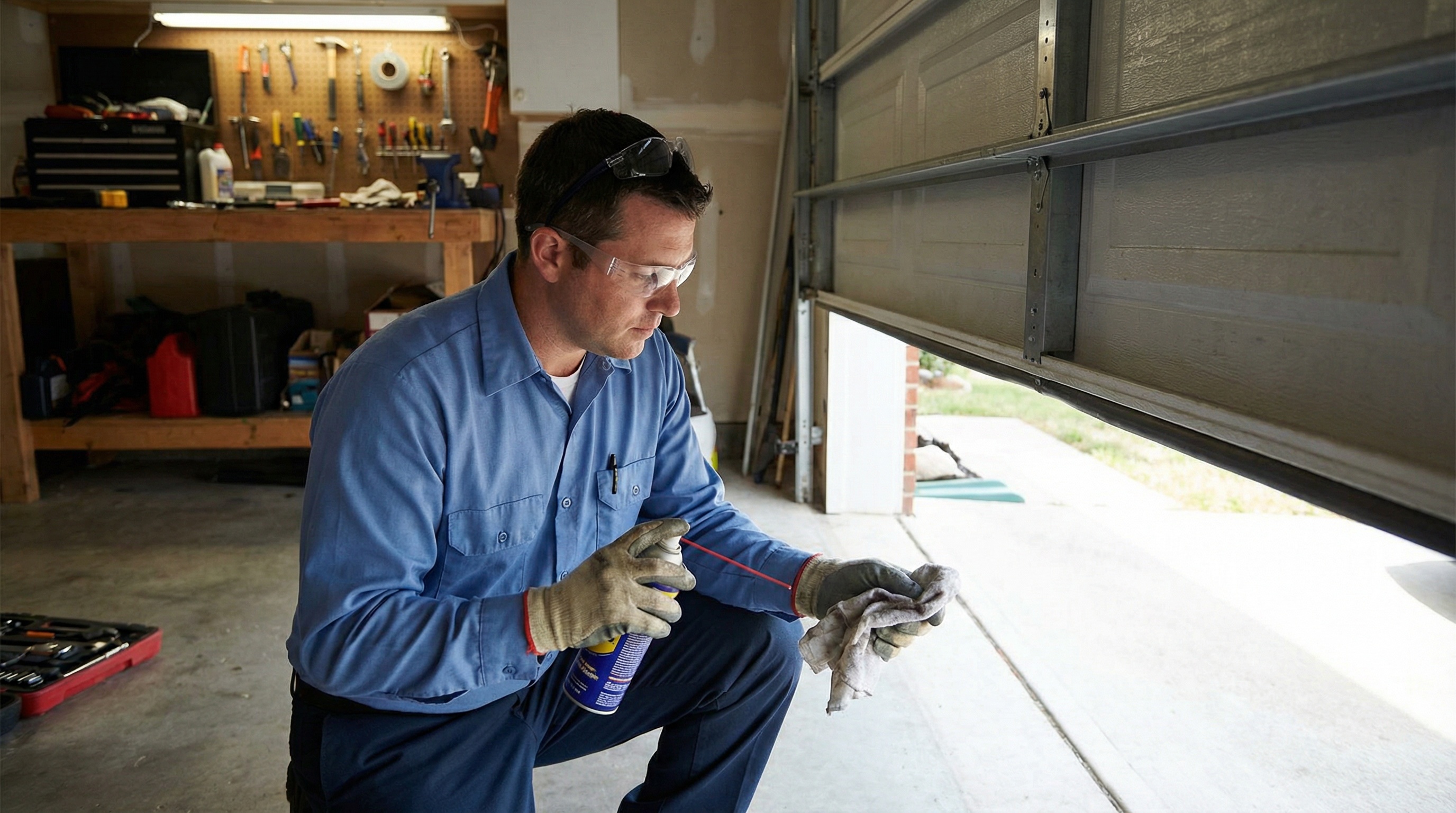 Professional technician performing garage door maintenance checking components and lubricating parts