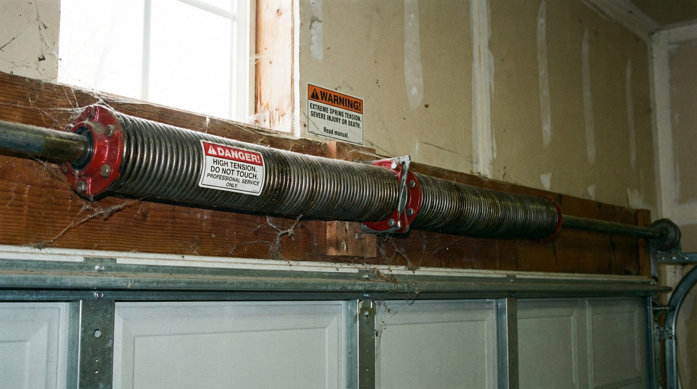 High-tension garage door springs showing the dangerous spring system that requires professional handling