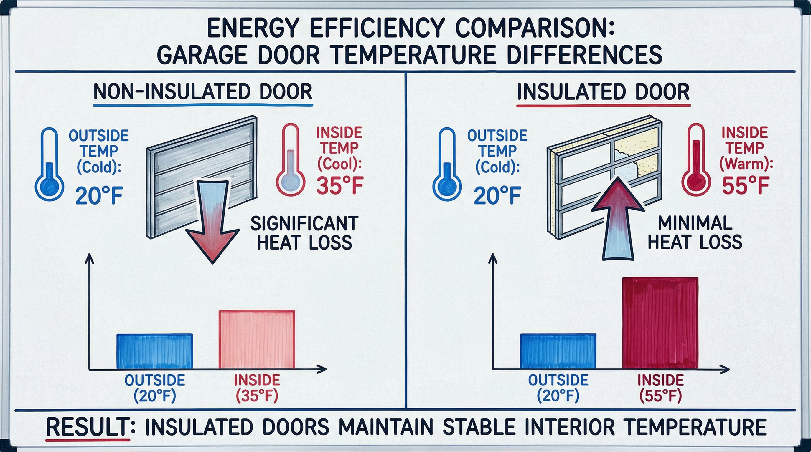 Energy efficiency comparison chart for insulated vs non-insulated garage doors
