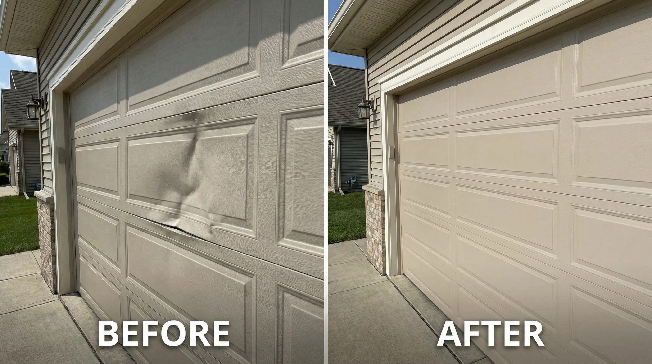 Before and after garage door panel repair comparison