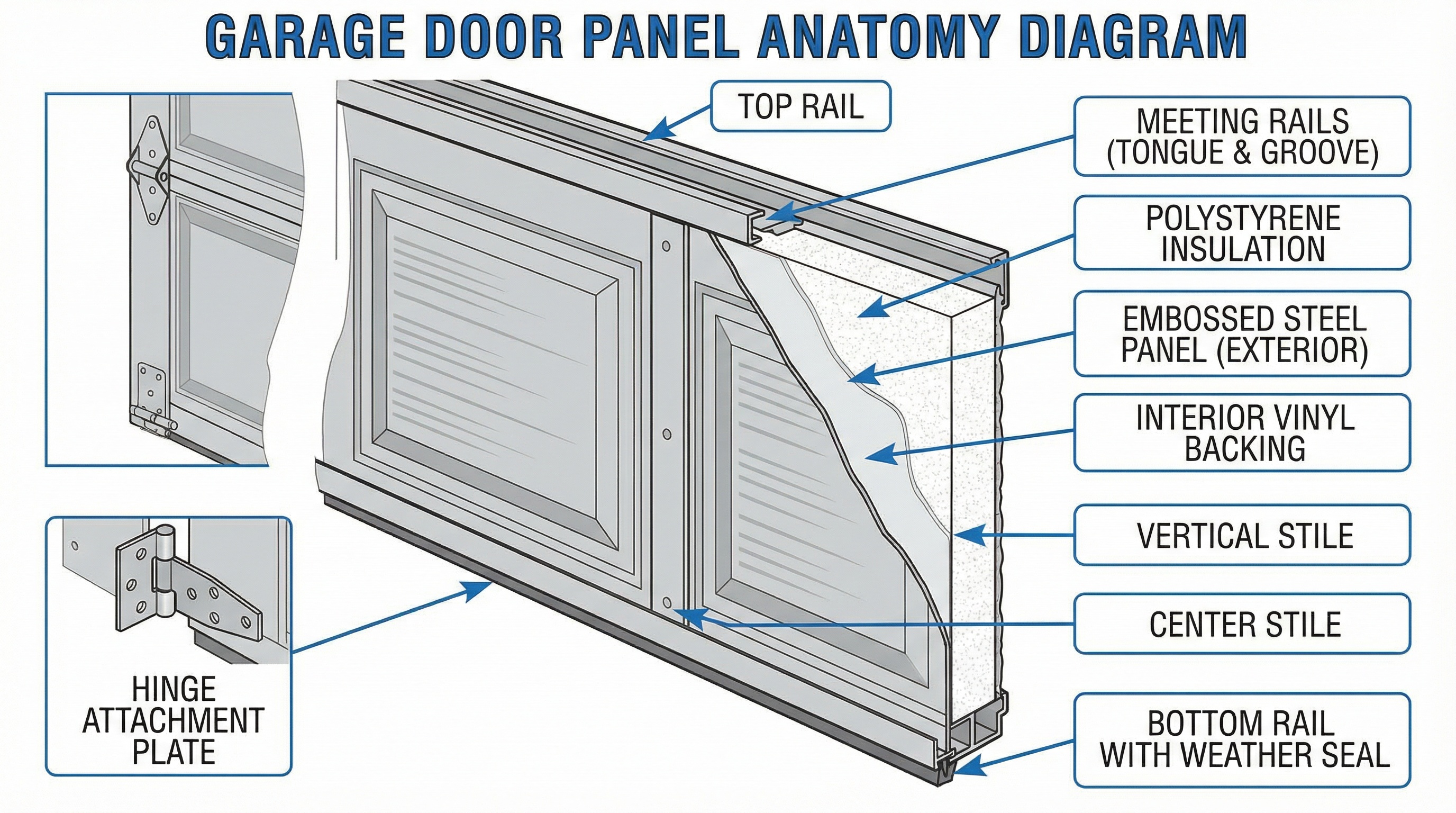 Garage door panel anatomy diagram showing different sections
