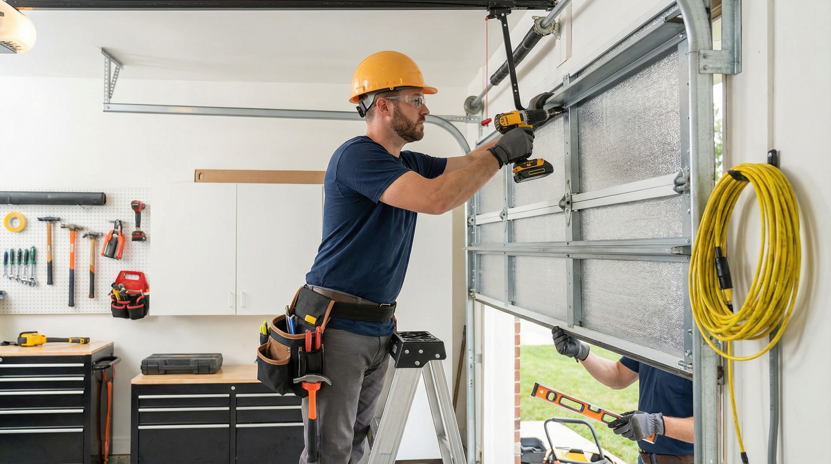 professional garage door technician installing new door with proper safety equipment