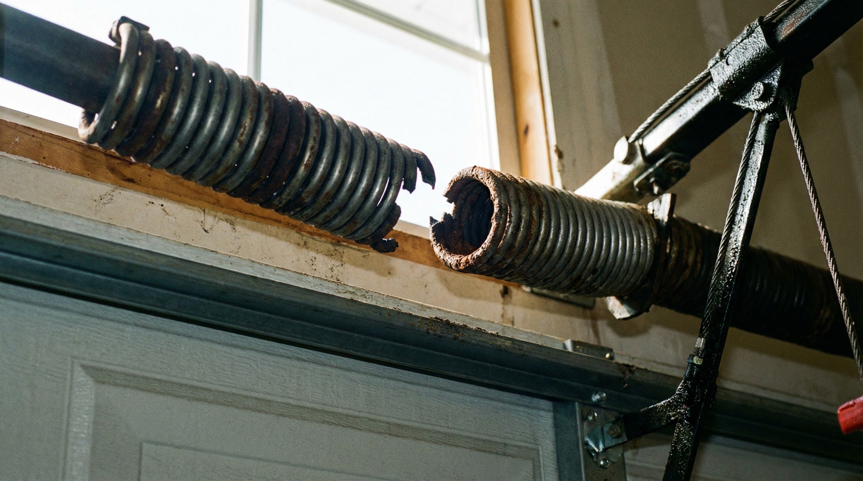Close-up of broken garage door spring showing gap in coil