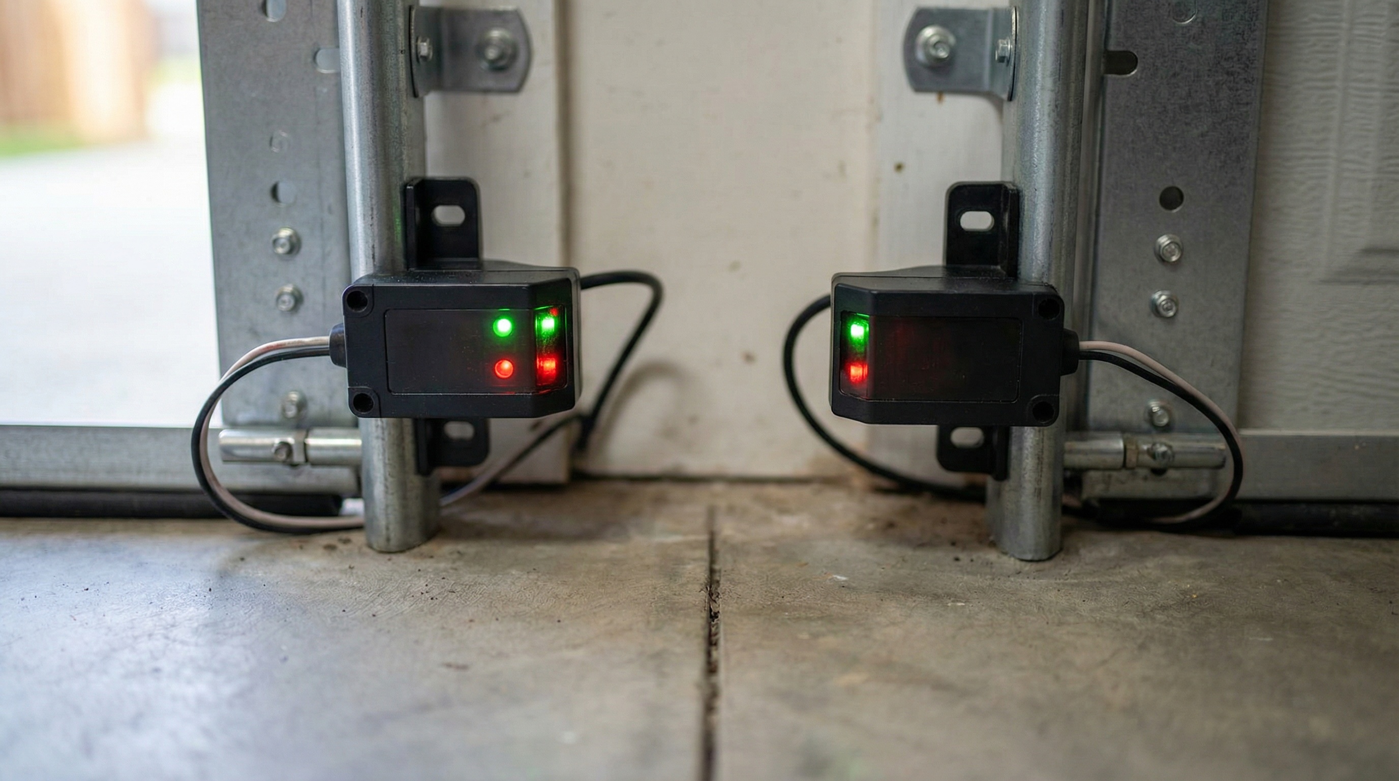 Garage door safety sensors being aligned by technician