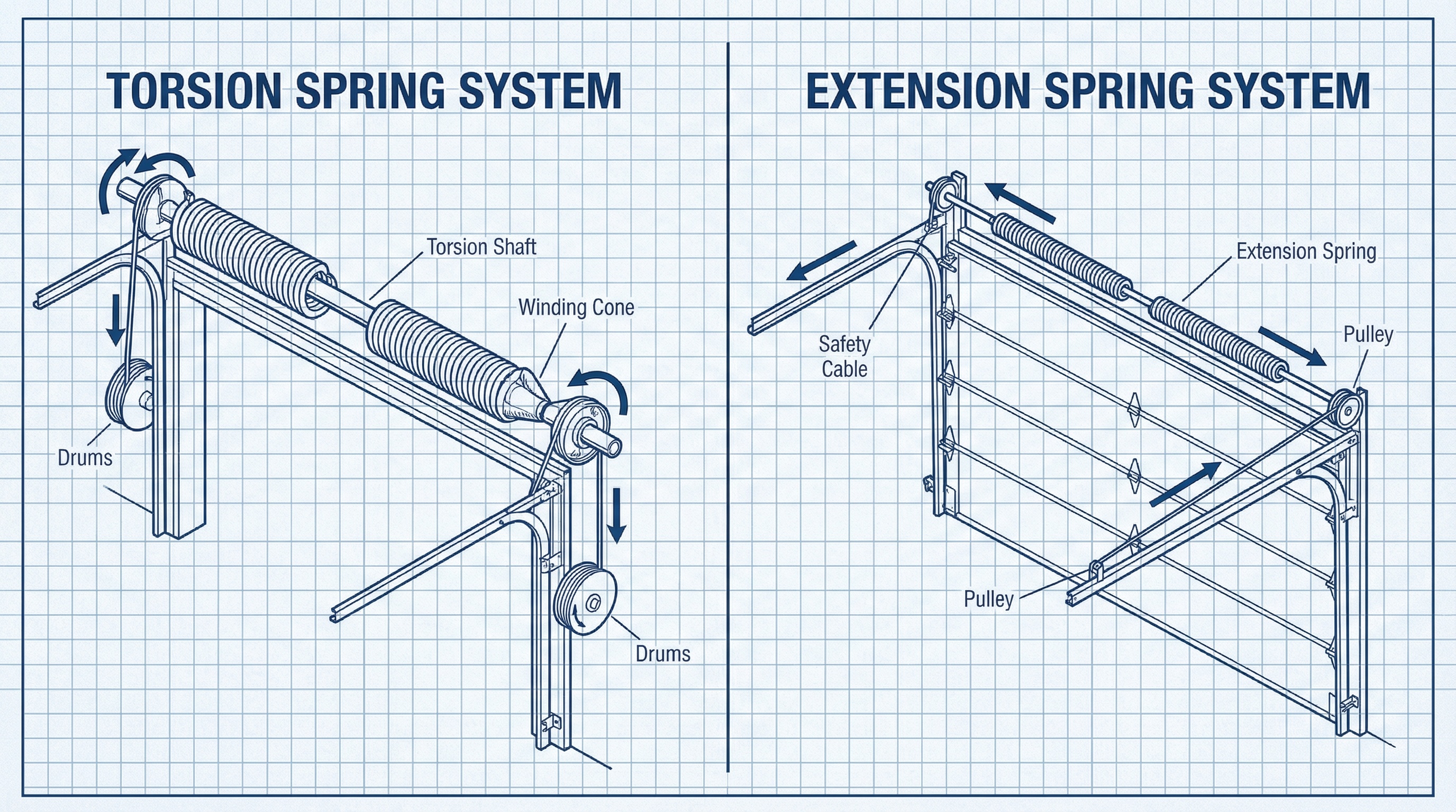 Comparison of garage door spring types - torsion and extension springs