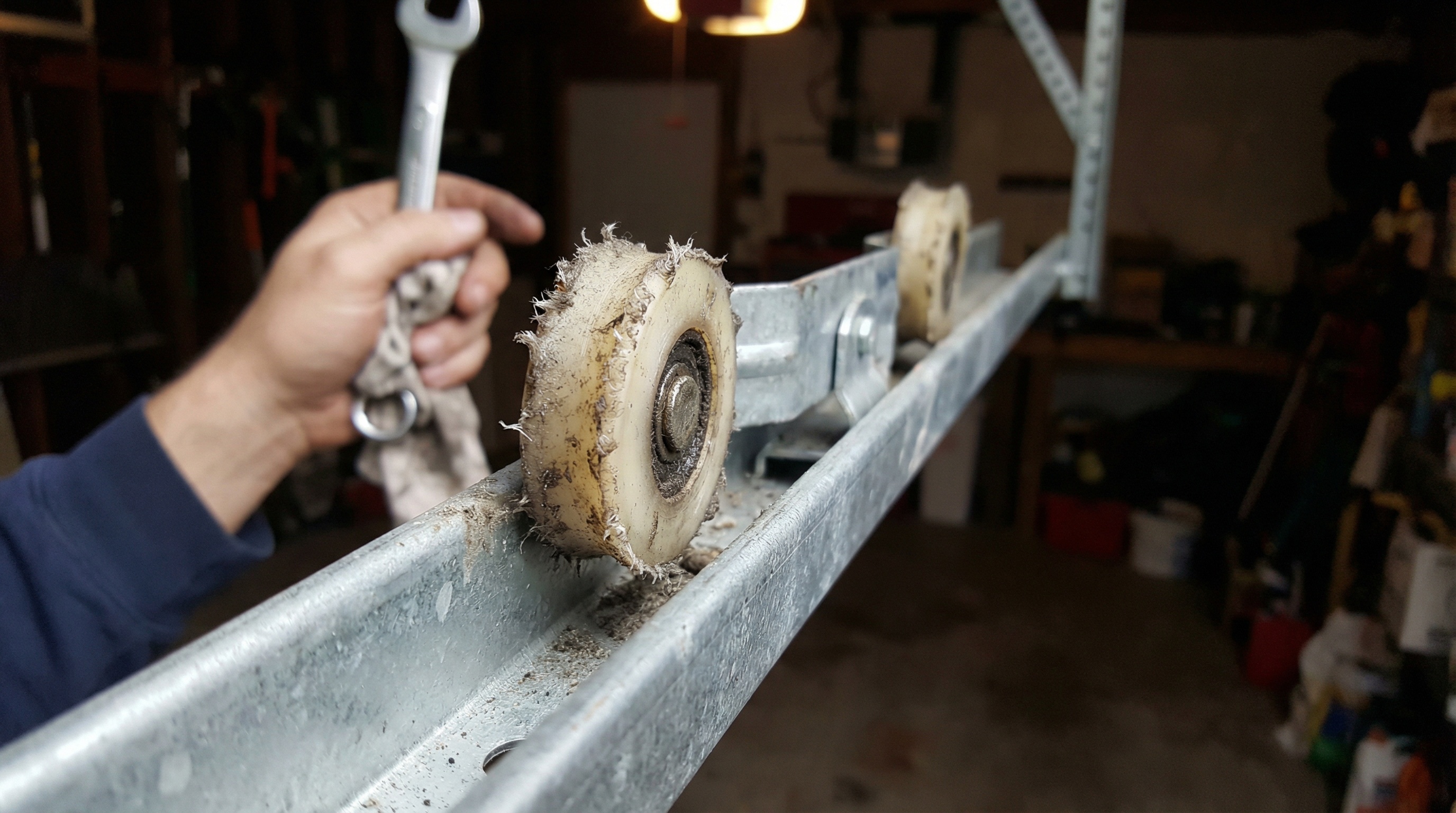 Worn garage door rollers needing replacement