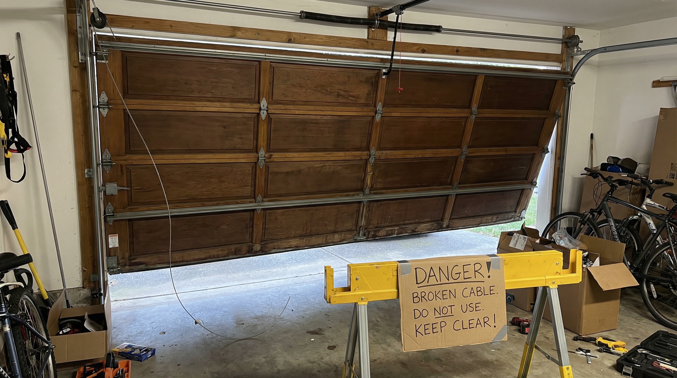 Garage door safety hazard with broken cable