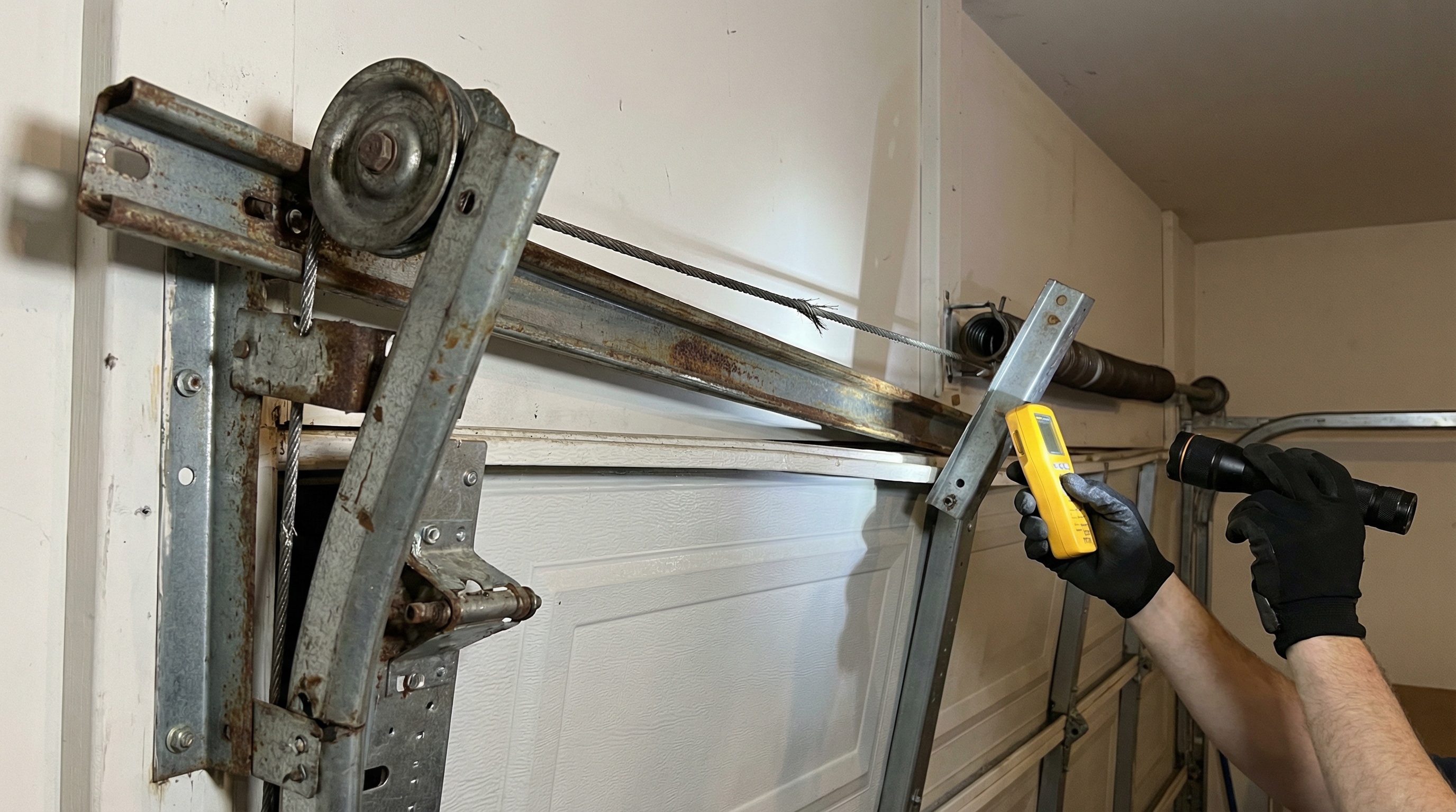 Misaligned garage door tracks and cables