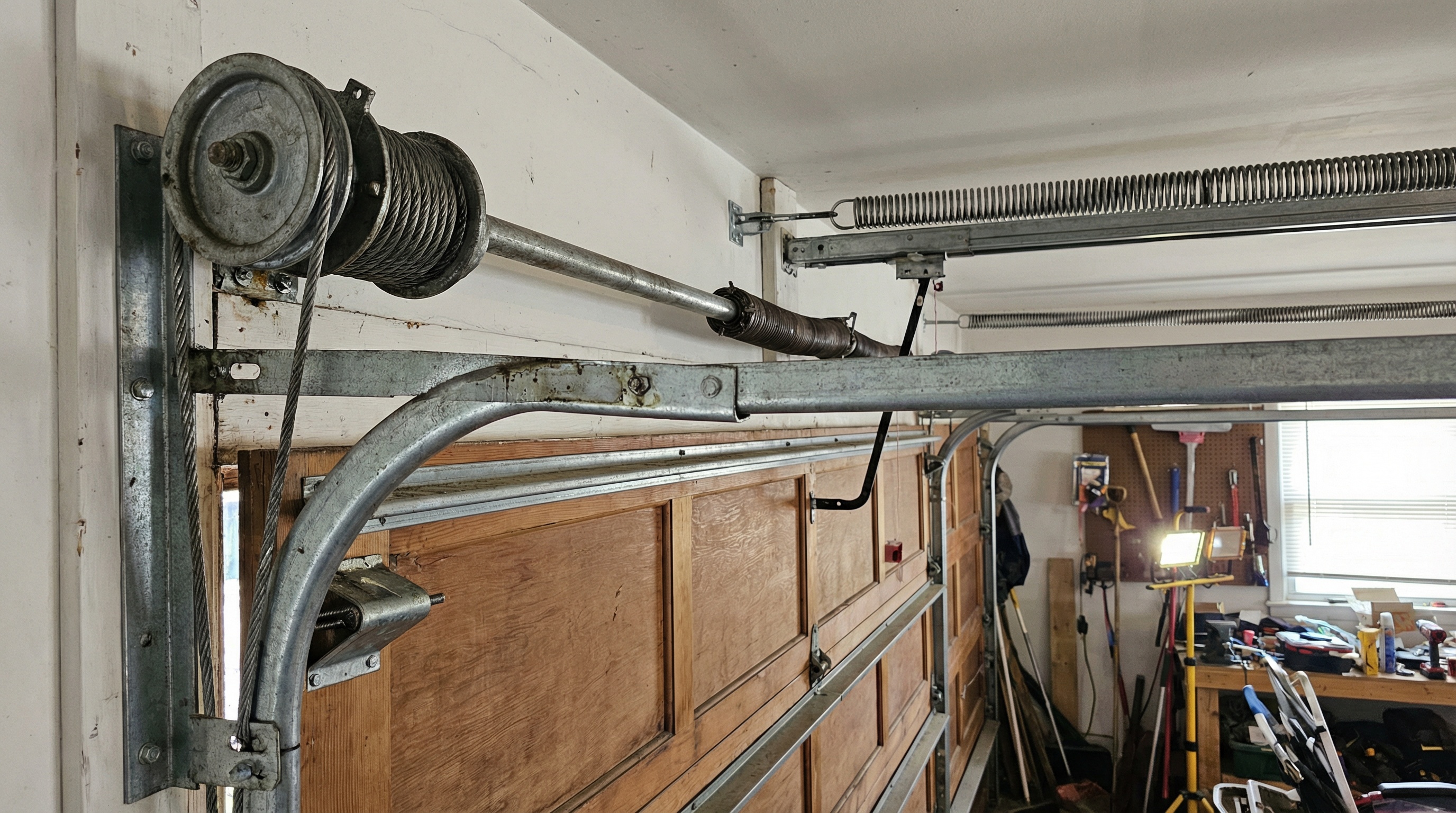 Garage door cable system with pulleys and springs