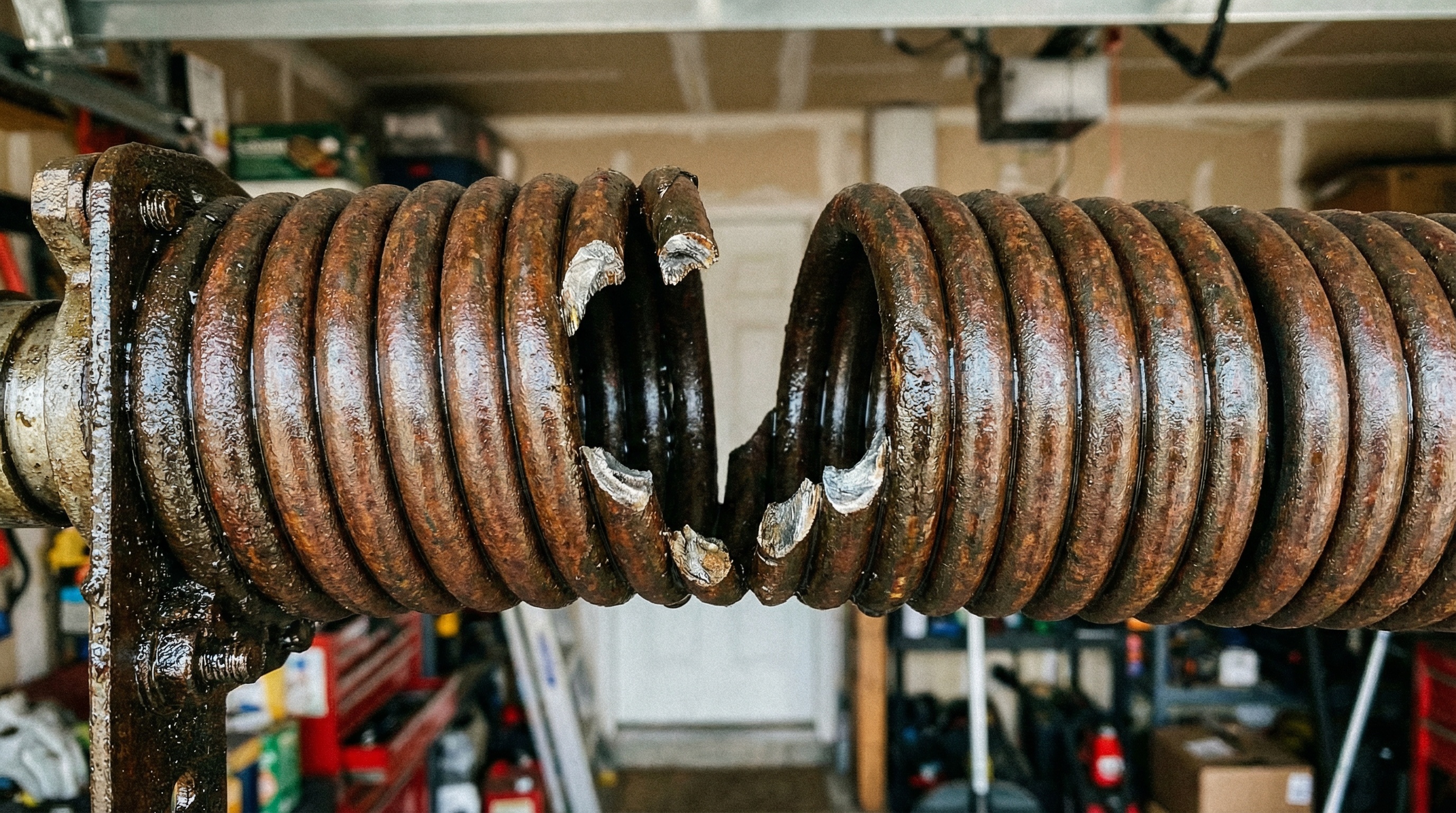 Broken garage door spring close-up