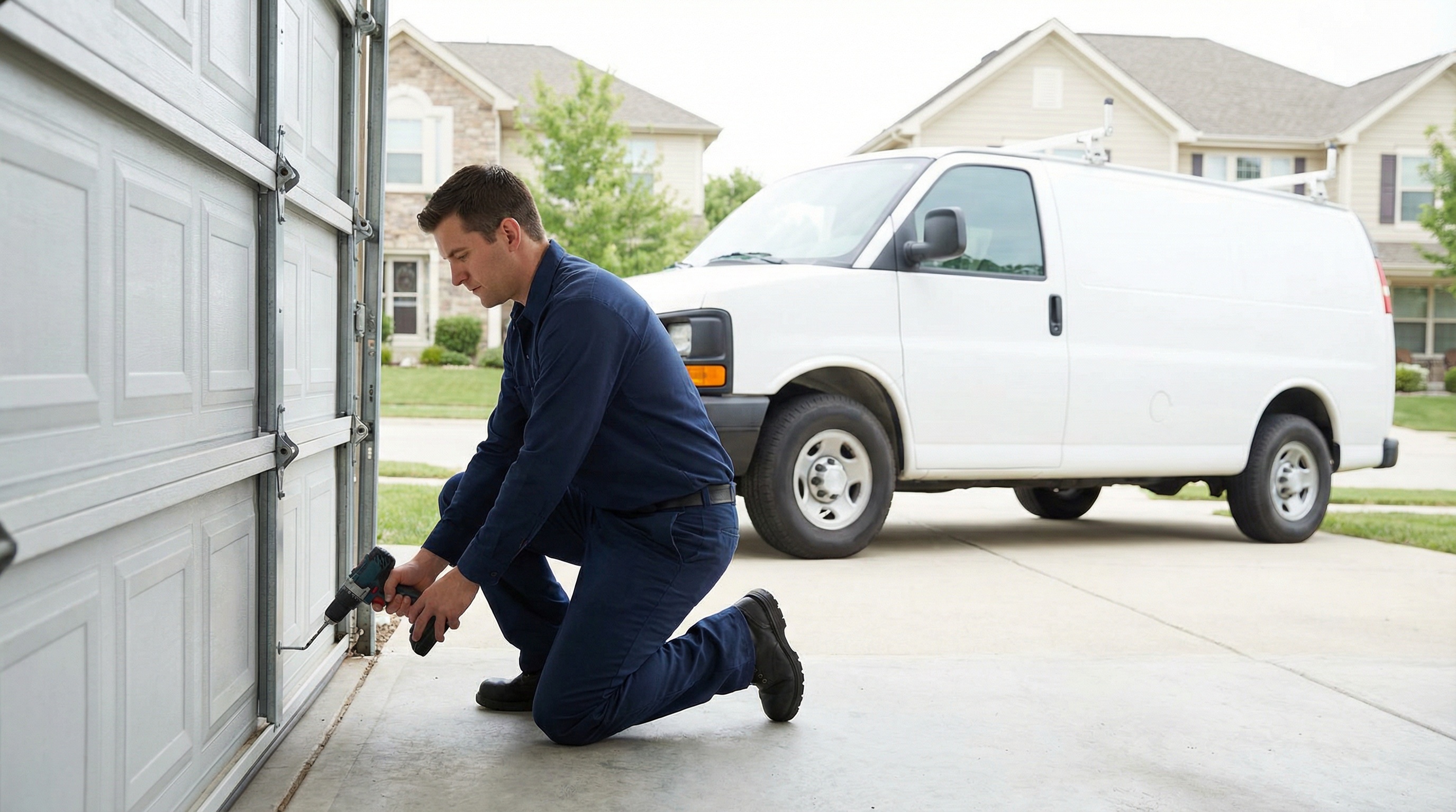 Professional garage door technician working
