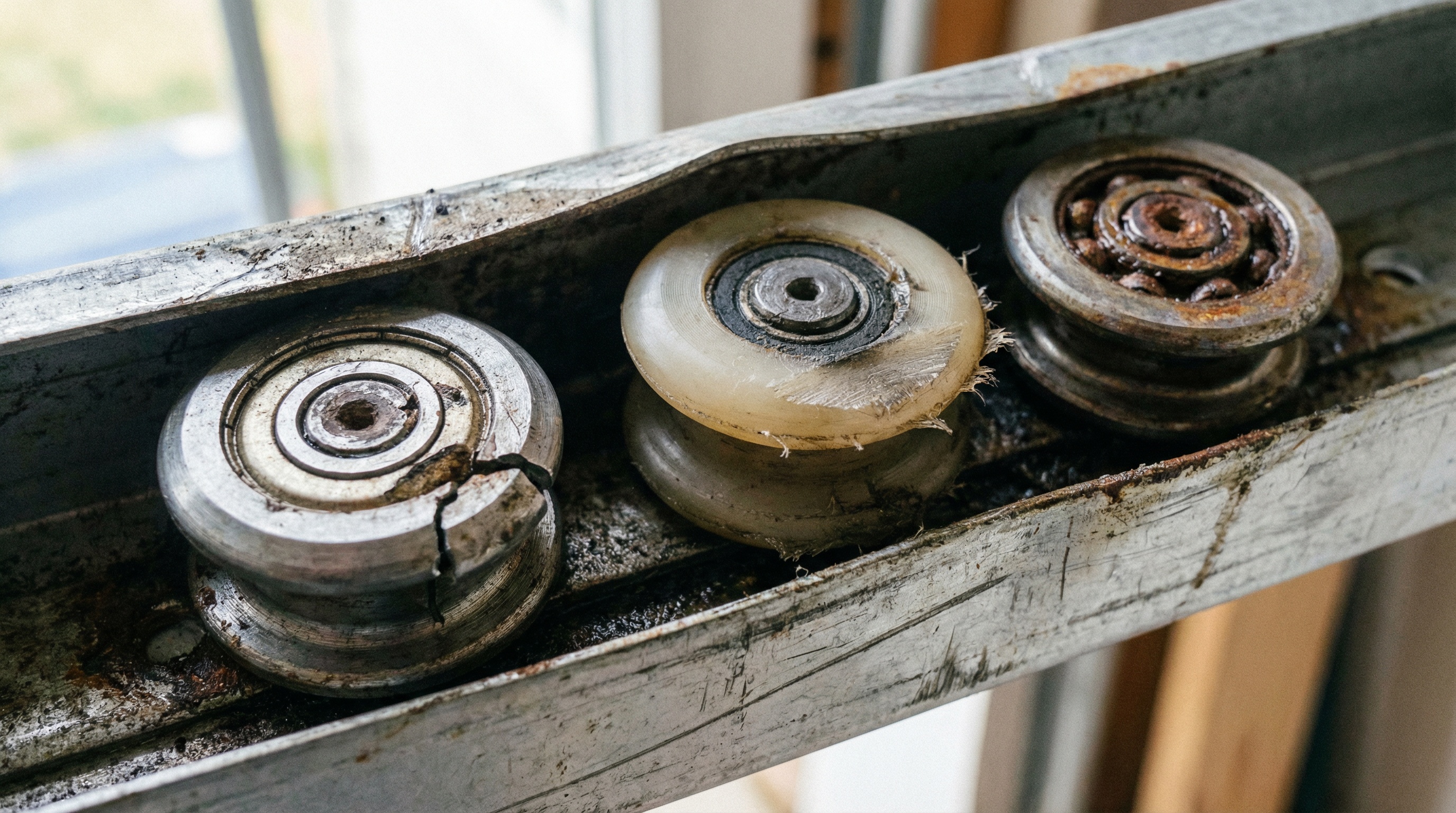 Worn garage door rollers close up