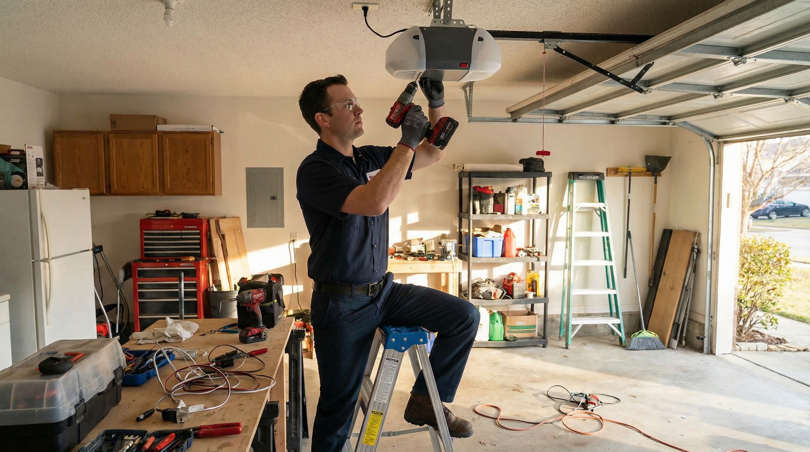 Professional technician installing garage door motor safely