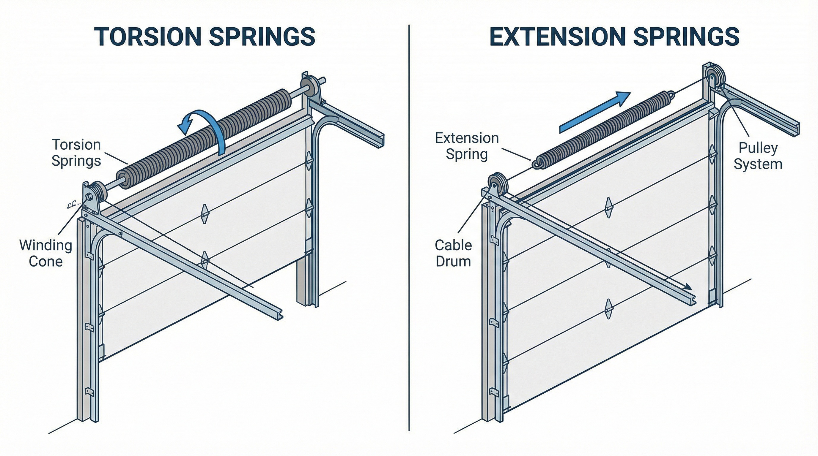 Diagram illustrating torsion spring and extension spring types for garage doors