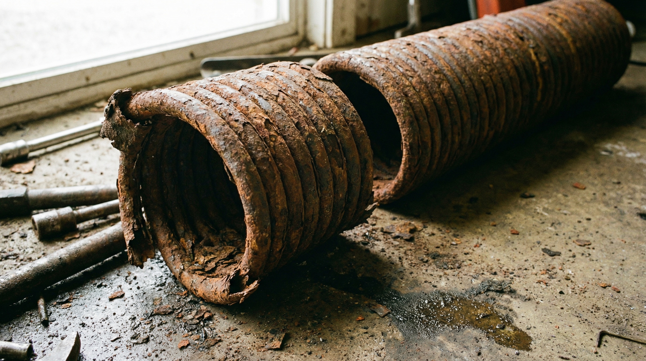 Rusty and corroded broken garage door spring