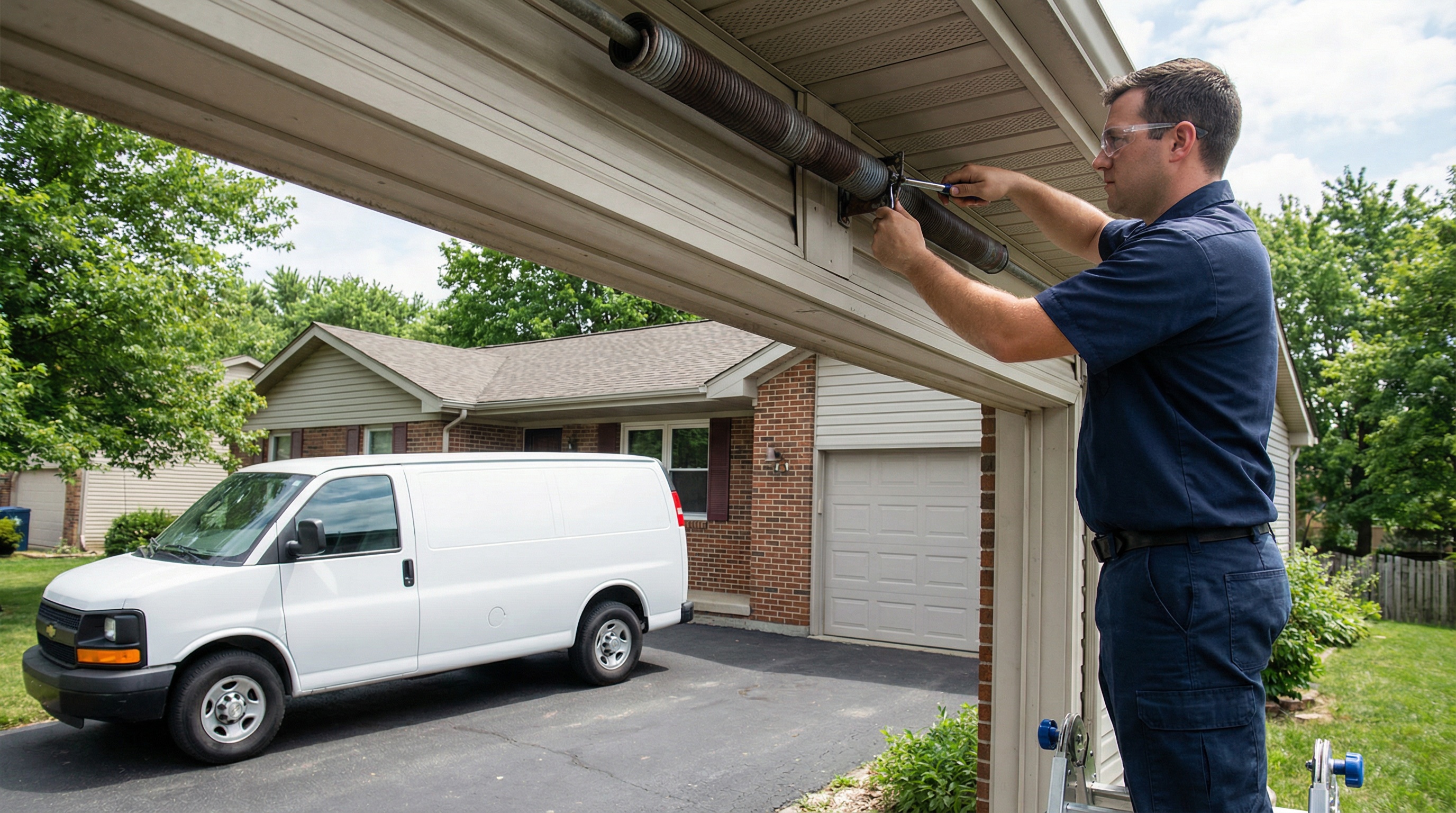 Professional technician performing garage door spring replacement service