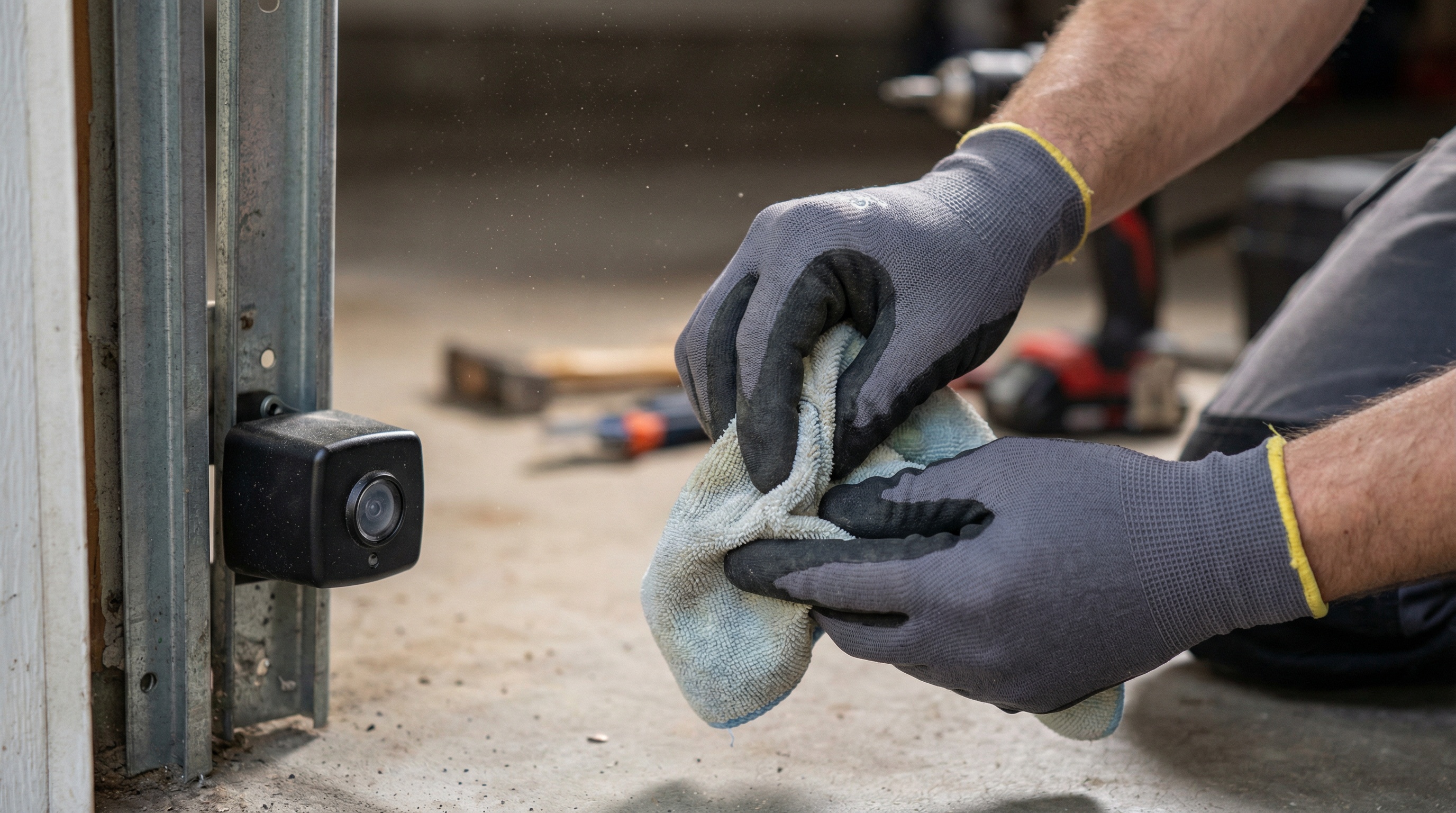 Hands cleaning garage door sensor lens with cloth