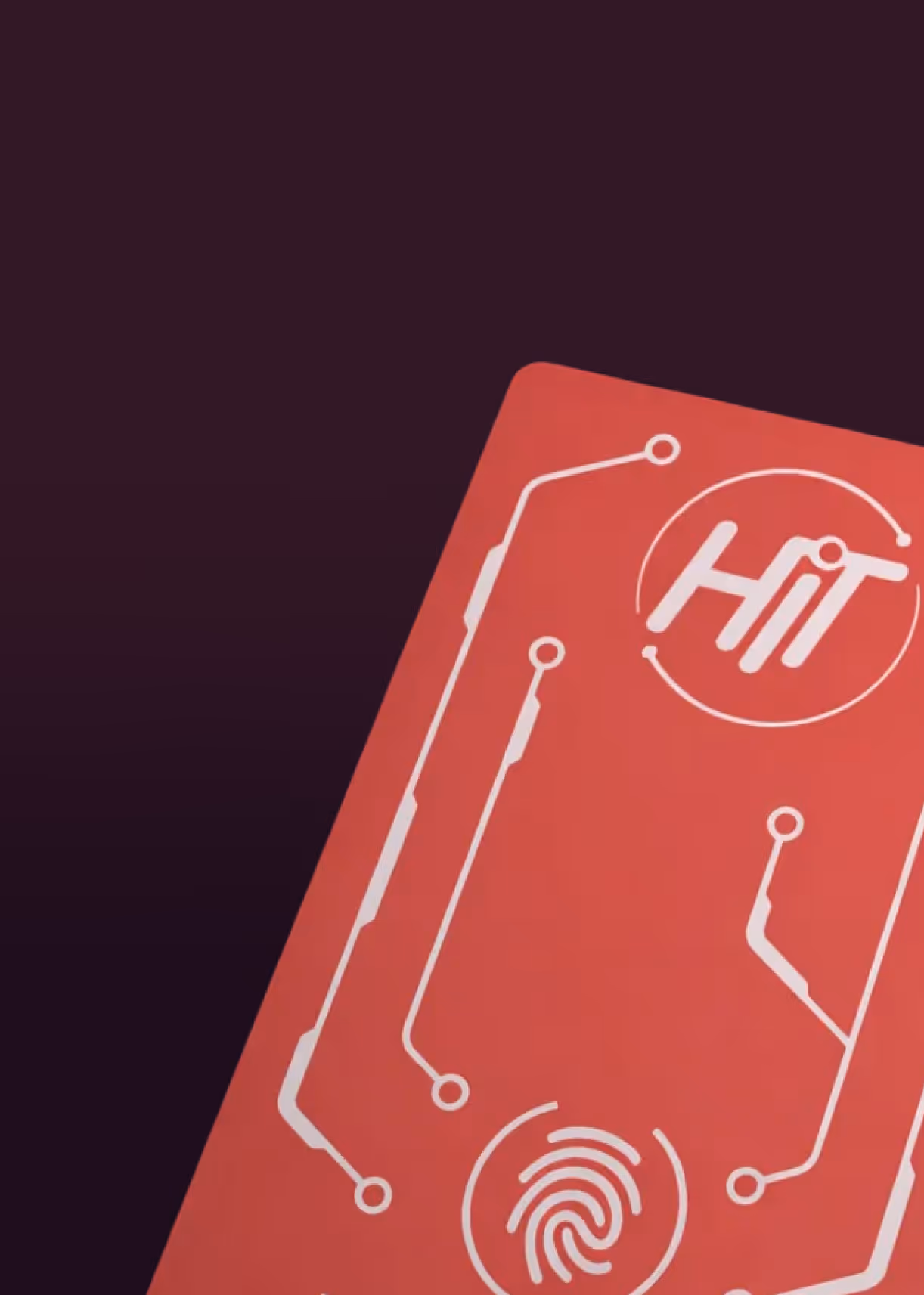 Close-up of a Wine HIT red card with white circuit lines, a fingerprint icon, and the word 'Hit' inside a circle.