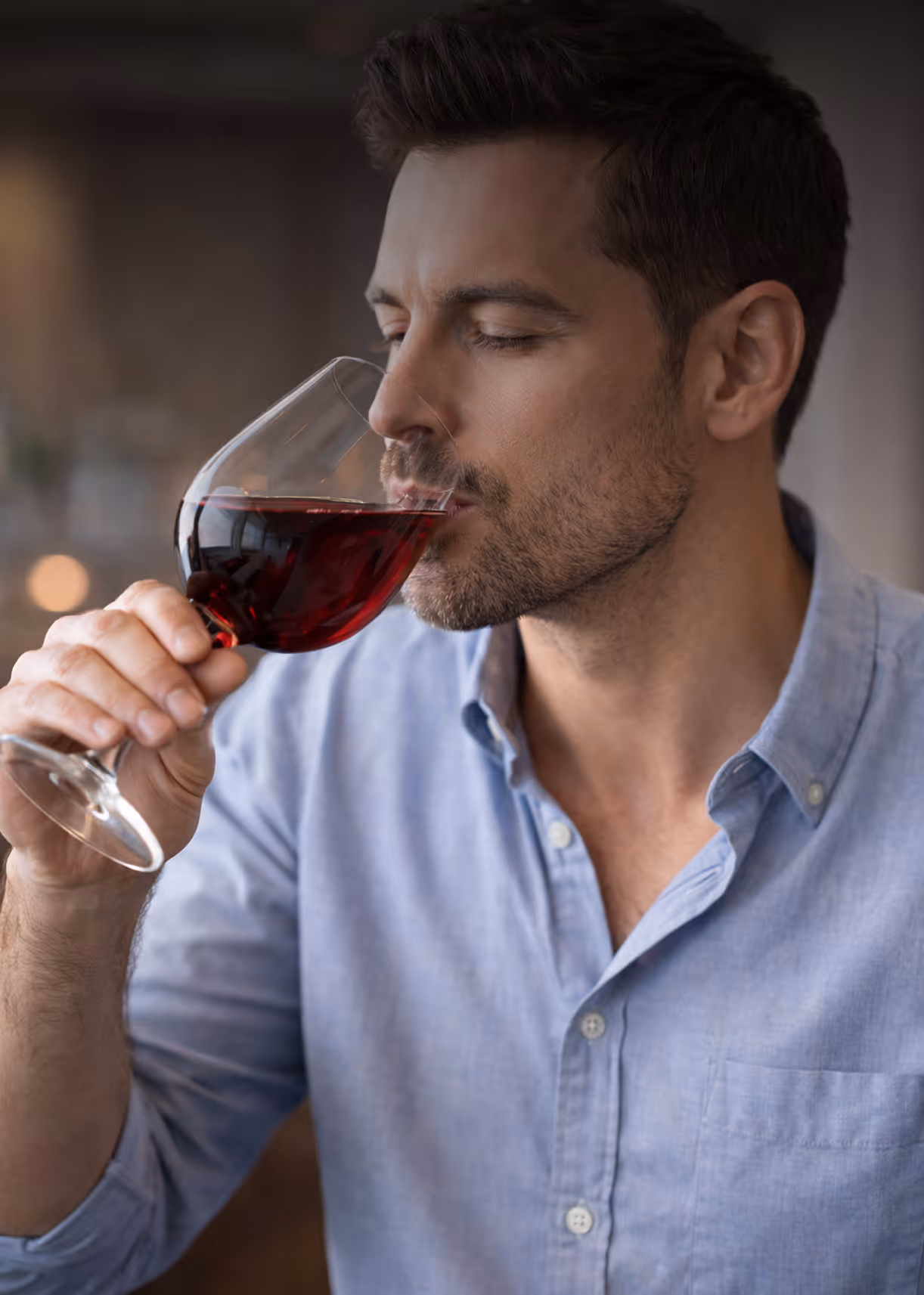 Man in light blue shirt smelling a glass of red wine.