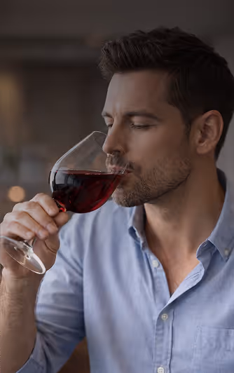 Man with short dark hair and beard savoring a glass of red wine indoors.