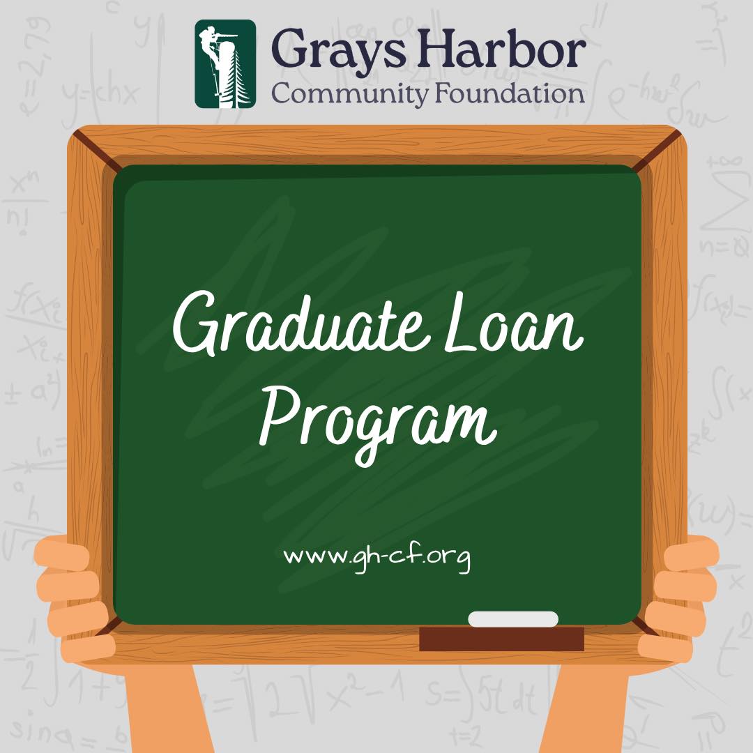 Hands holding up a chalkboard wit the words "Graduate Loan Program" written on it. Underneath is the website "www.gh-cf.org"