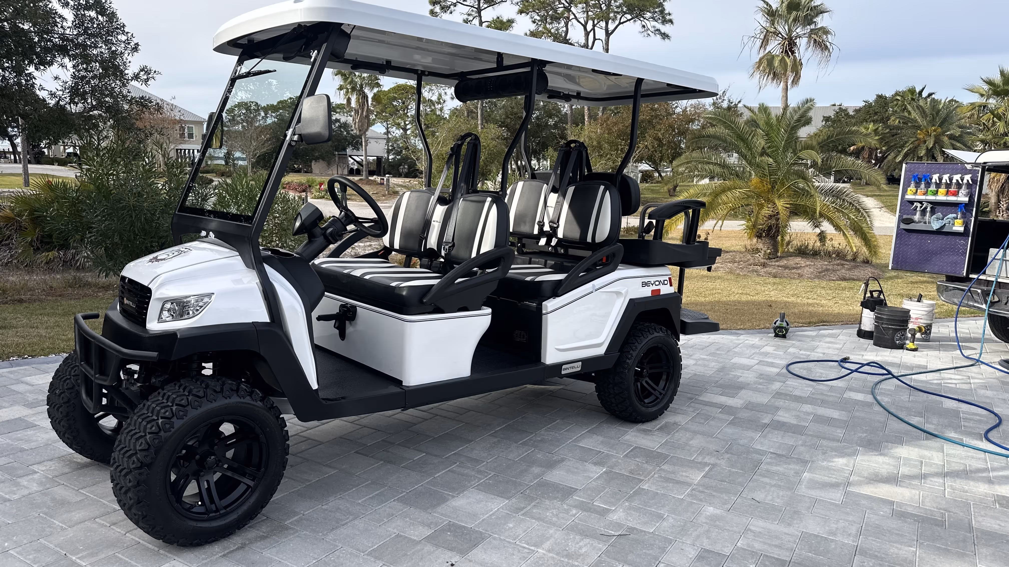 A fresh clean down on a gulf cart in Pensacola with palm trees in the background