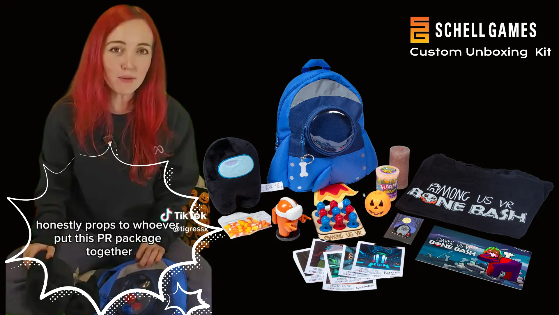 A woman with red hair is sitting in front of a blue backpack and a pile of Halloween items. -  ÜberStrategist Images