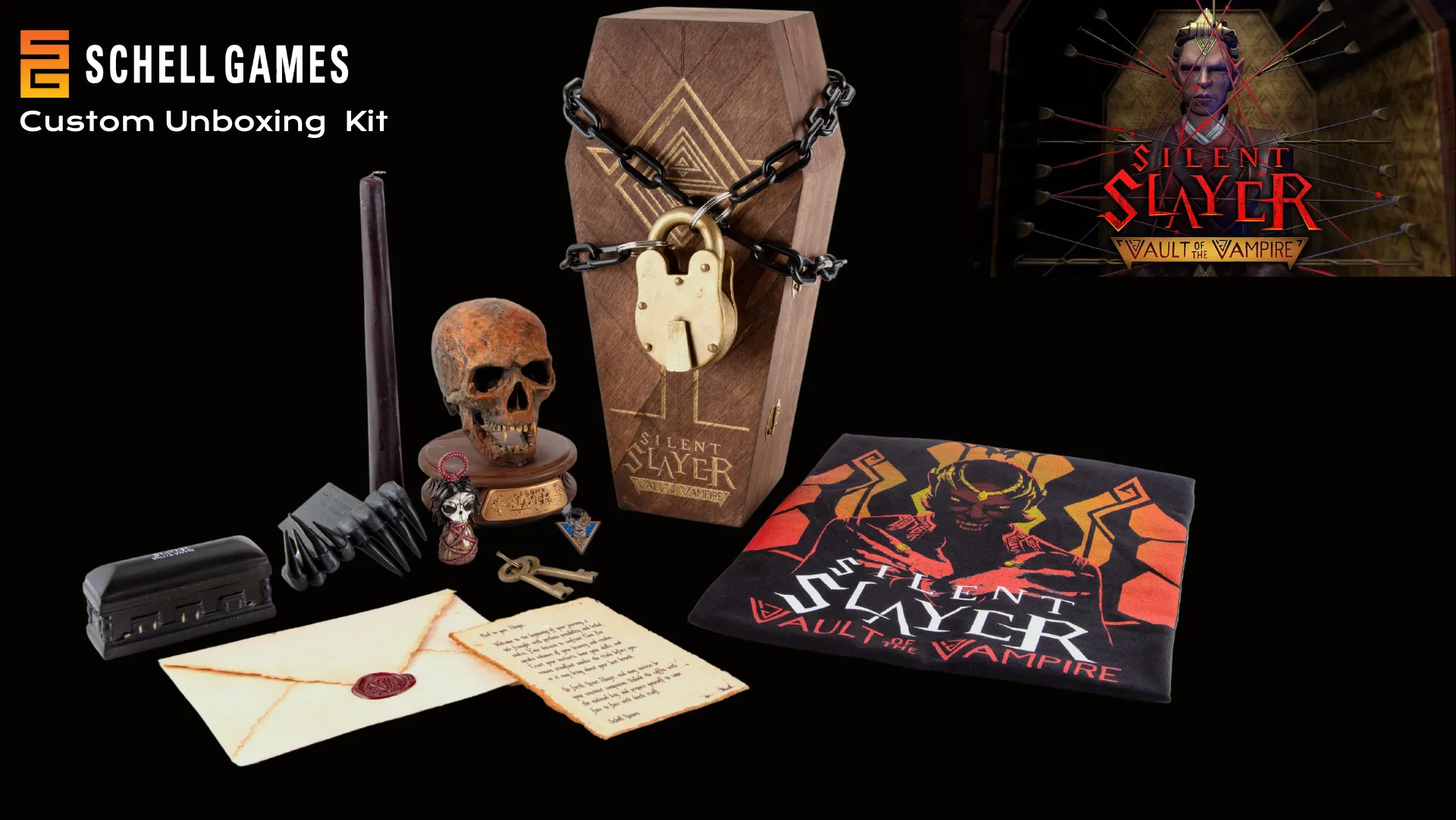 A box of items that includes a skeleton key and a vampire game. -  ÜberStrategist Images