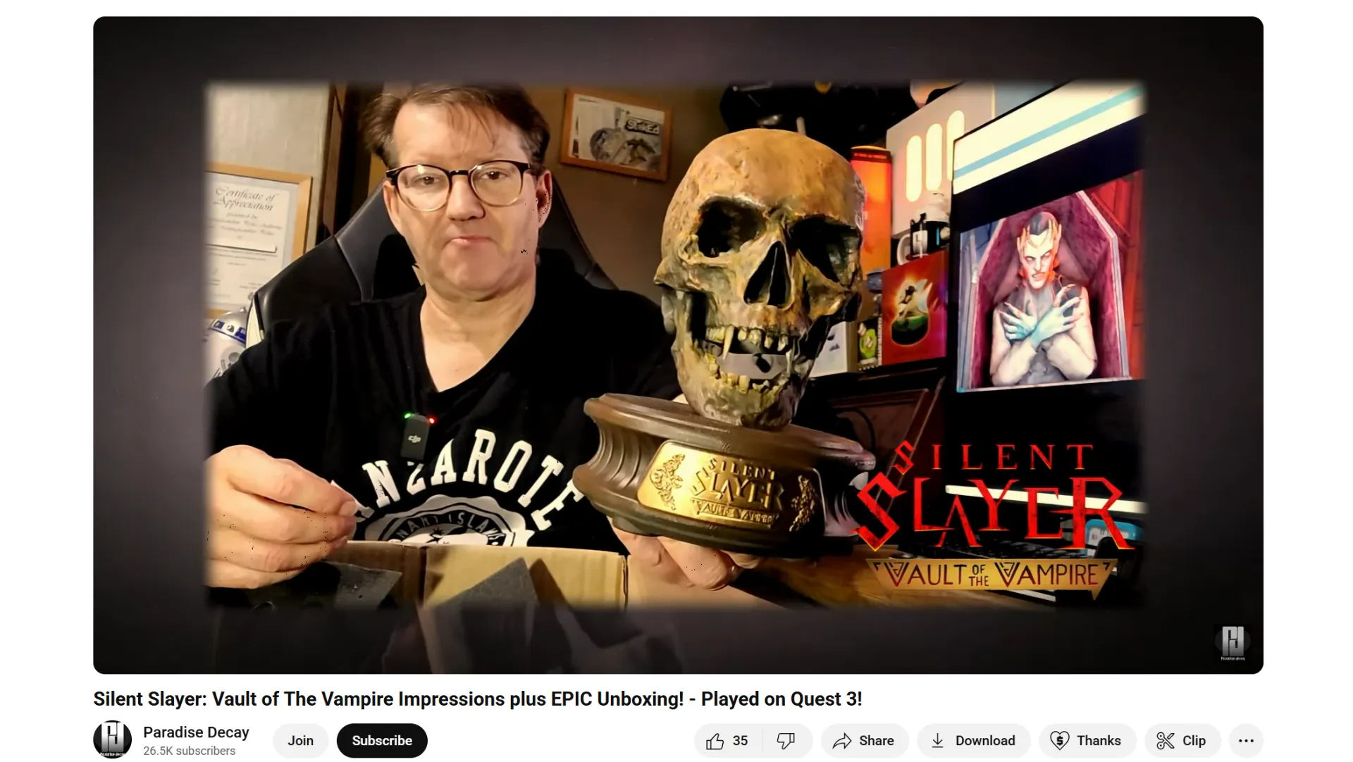 A man holding a skull statue with the words "The Vampire Impressions" on the screen. -  ÜberStrategist Images