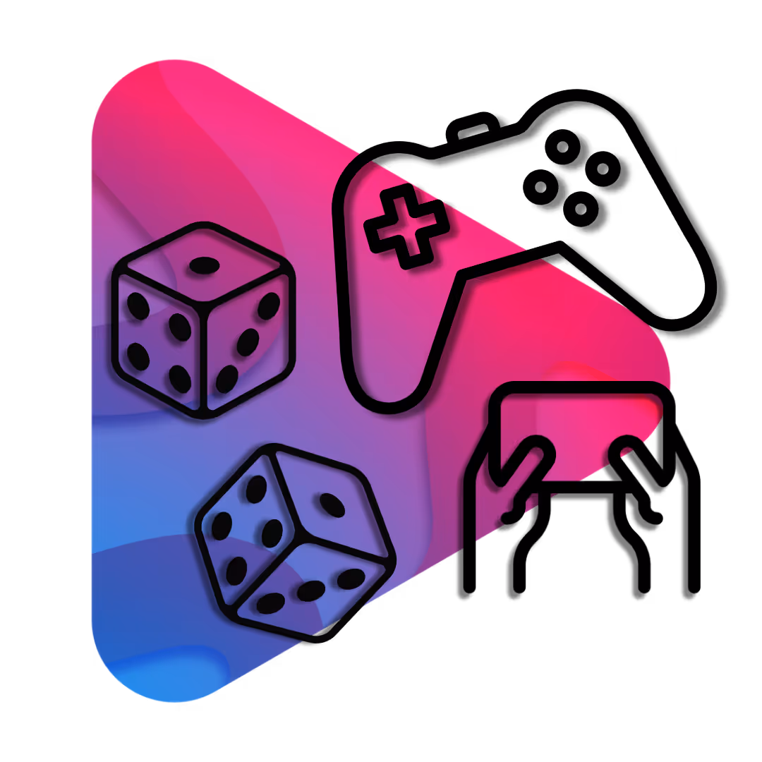 A pink and blue square with a game controller and a dices on it. -  ÜberStrategist Images