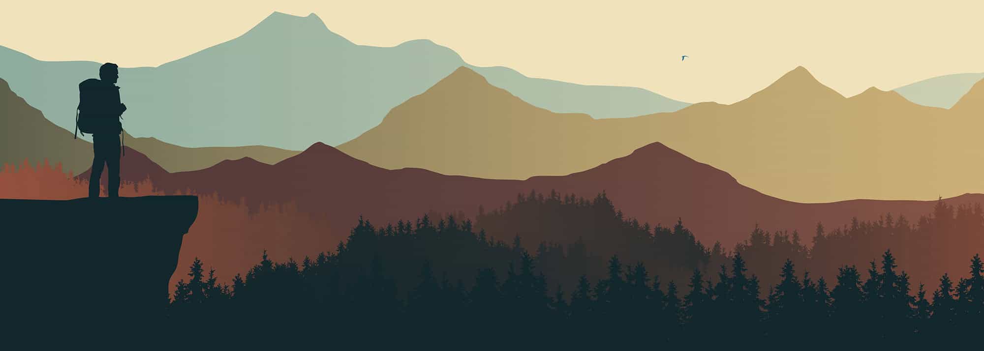 An illustration of a hiker overlooking a mountain landscape