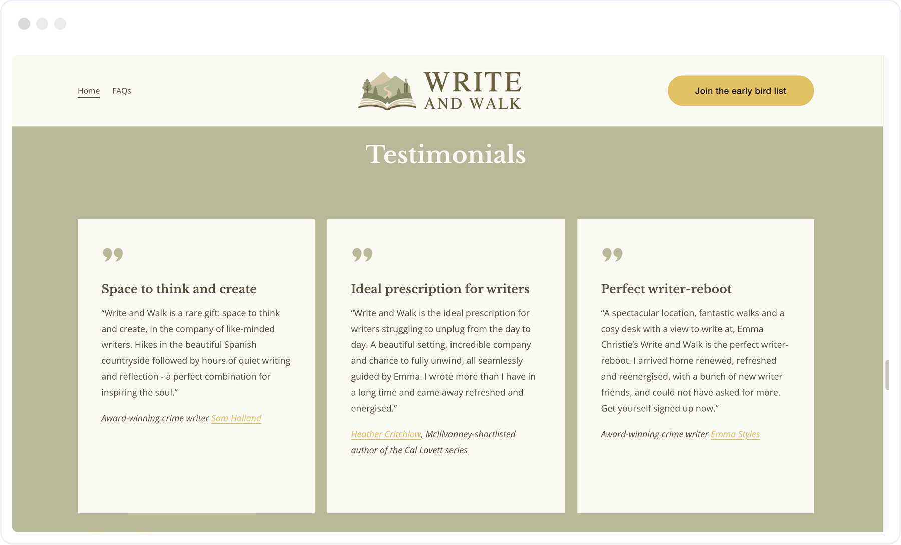 "Screenshot of customer reviews on the Write & Walk writing retreat website"