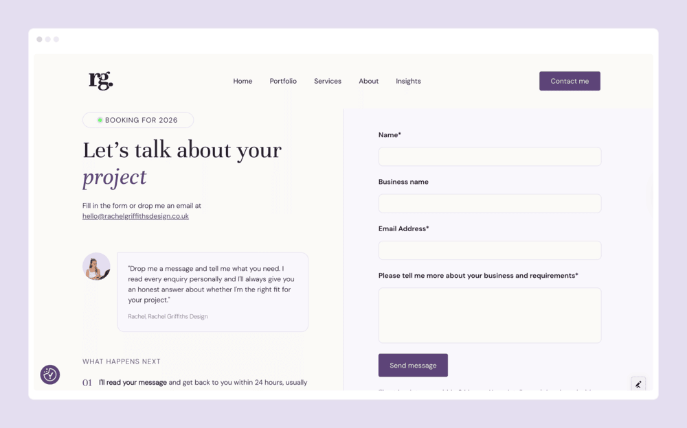 Device mockup showing rachel griffiths design contact page