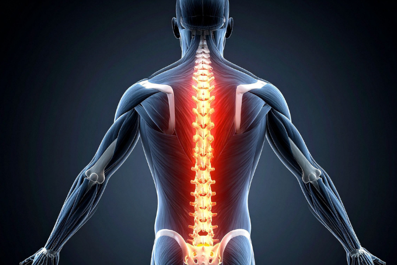 An anatomical illustration showing the human spine highlighted in red and yellow, indicating pain or inflammation, against a dark background.