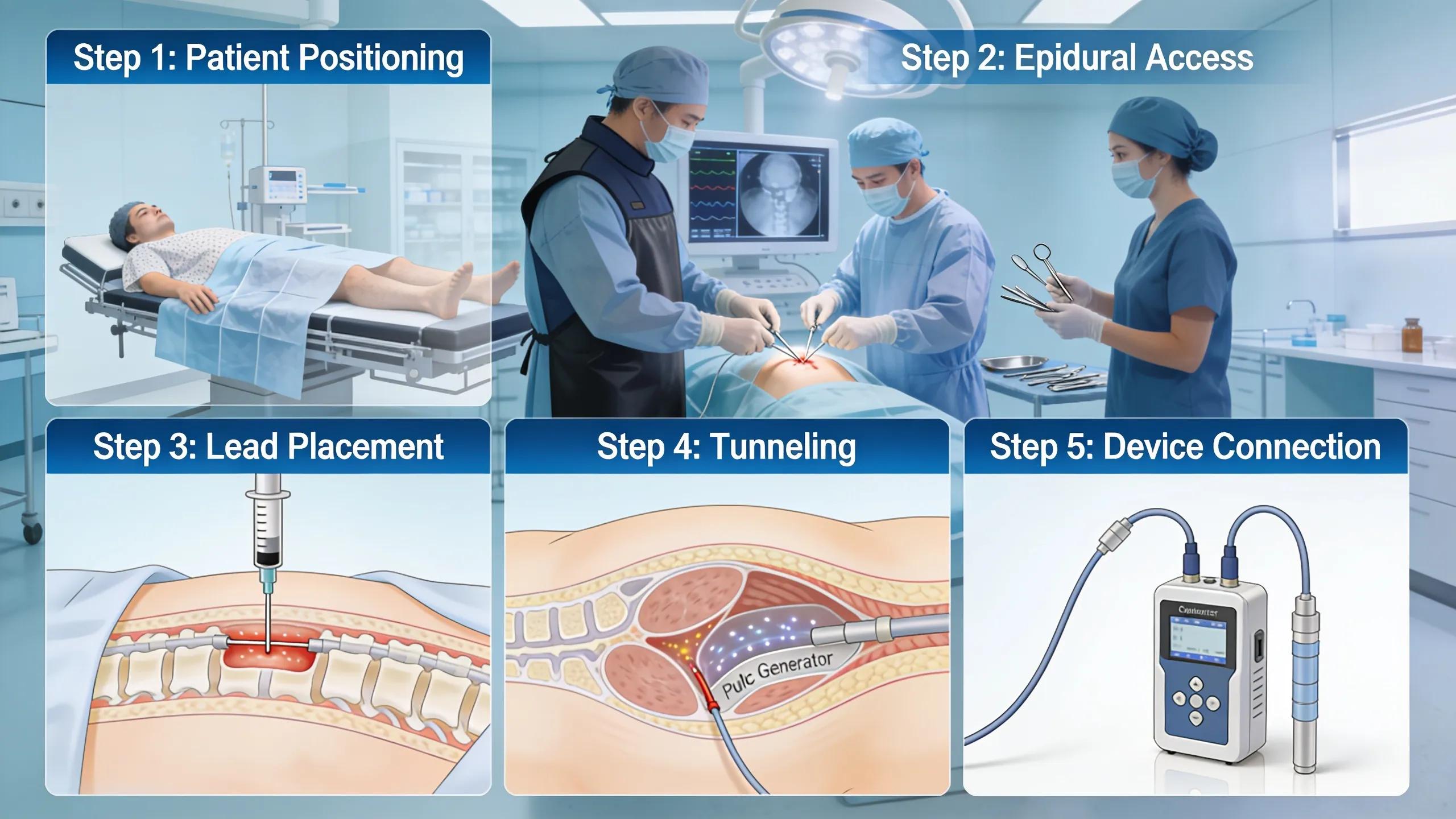 Surgical team performing spinal cord stimulator implantation in an operating room