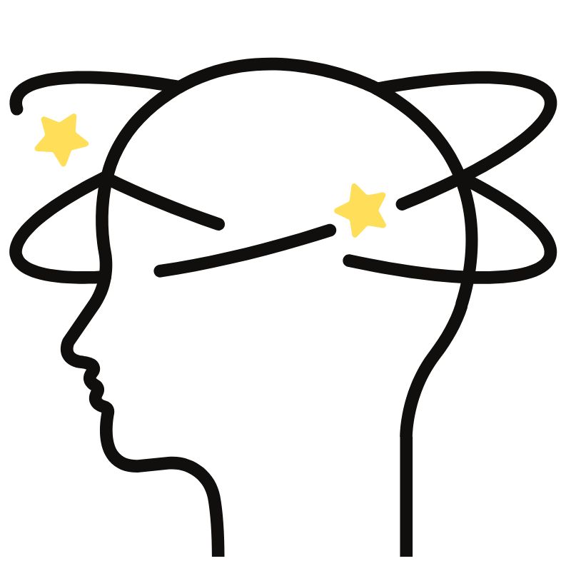 A black outline of a head with swirling lines and two yellow stars indicating dizziness or confusion.