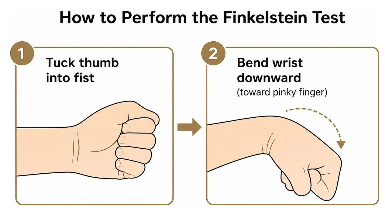 Diagram showing how to perform the Finkelstein test: tuck thumb into fist, bend wrist downward Diagram showing how to perform the Finkelstein test: tuck thumb into fist, bend wrist downward