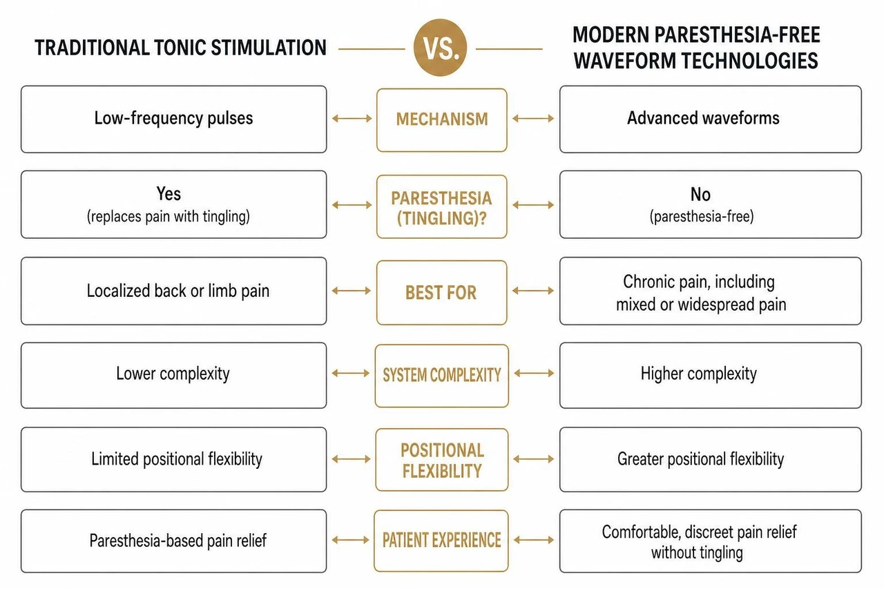 Diagram comparing traditional tonic stimulation with modern paresthesia-free waveform technologies