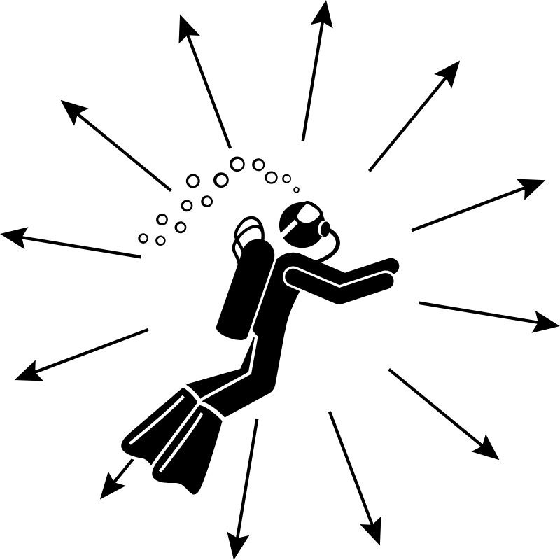 A black and white graphic of a scuba diver surrounded by arrows pointing outwards and bubbles rising.