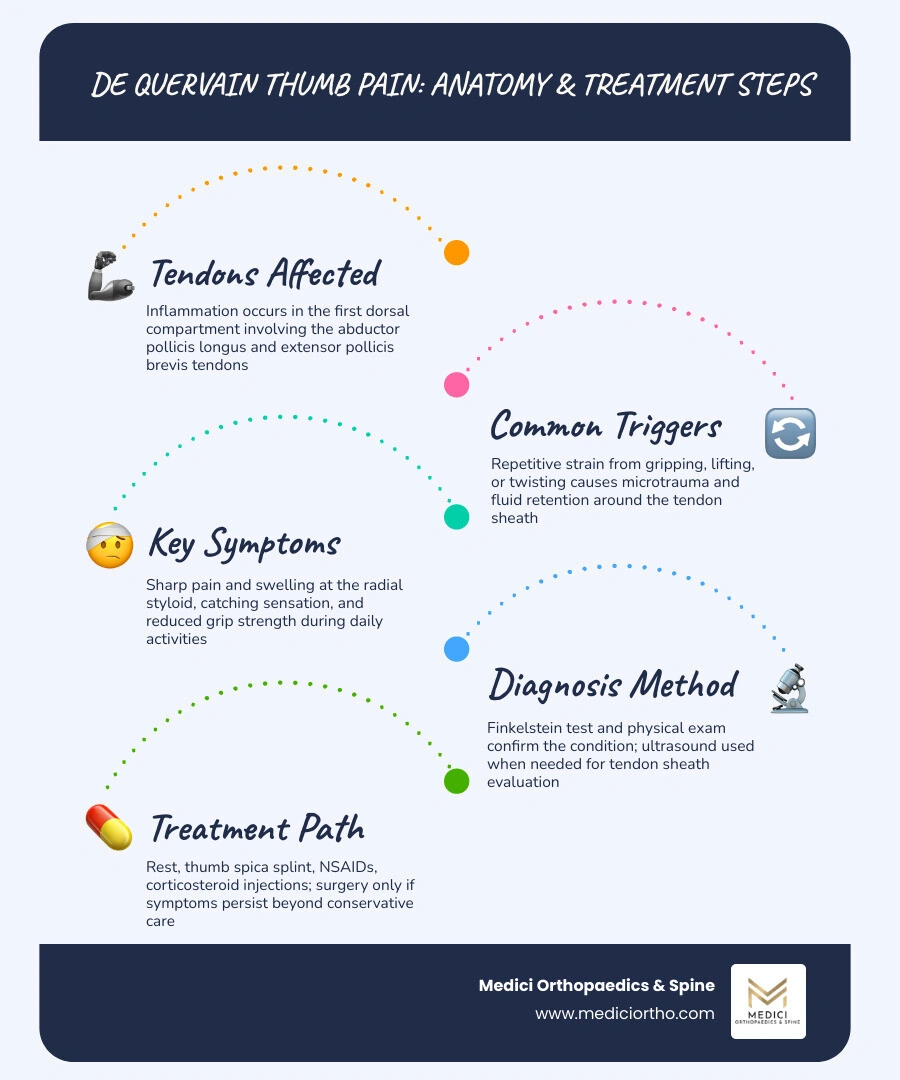 De Quervain thumb pain anatomy infographic showing first dorsal compartment tendons and pain location infographic De Quervain thumb pain anatomy infographic showing first dorsal compartment tendons and pain location infographic