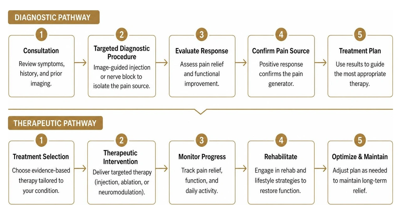 Comparison flowchart of diagnostic and therapeutic pain pathways