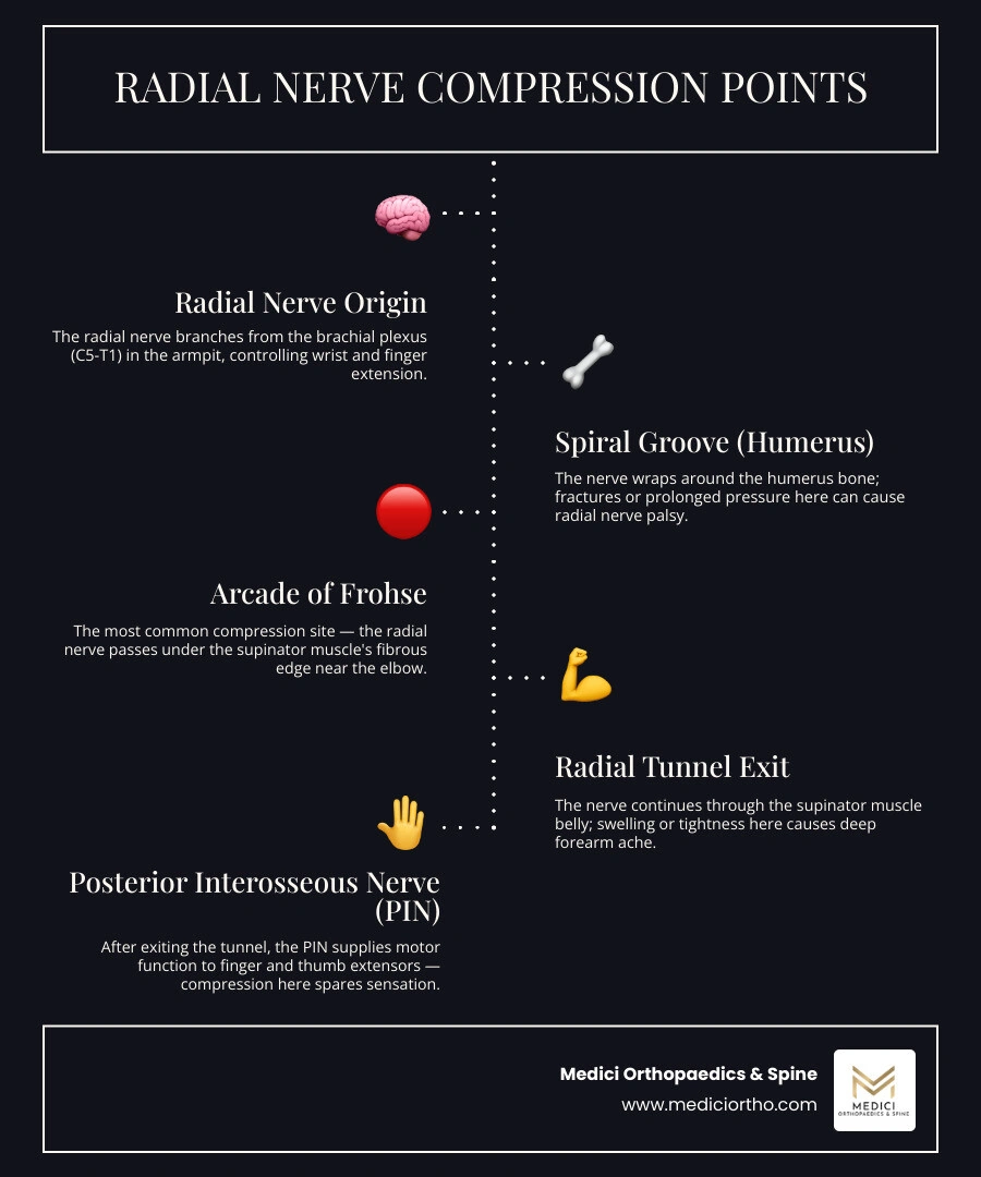Radial nerve pathway anatomy and compression points infographic for radial tunnel syndrome infographic Radial nerve pathway anatomy and compression points infographic for radial tunnel syndrome infographic