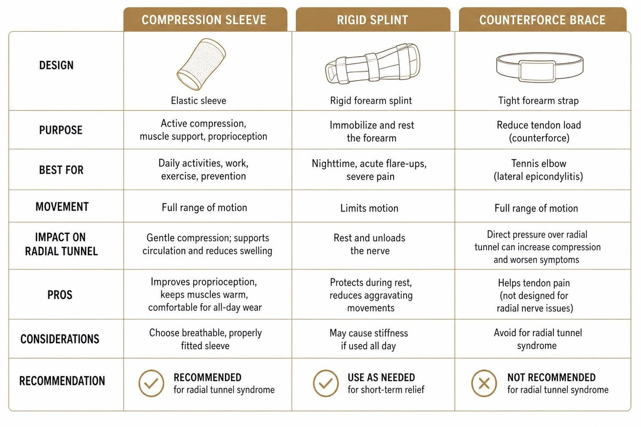 Comparison of compression sleeve vs rigid splint vs counterforce brace Comparison of compression sleeve vs rigid splint vs counterforce brace