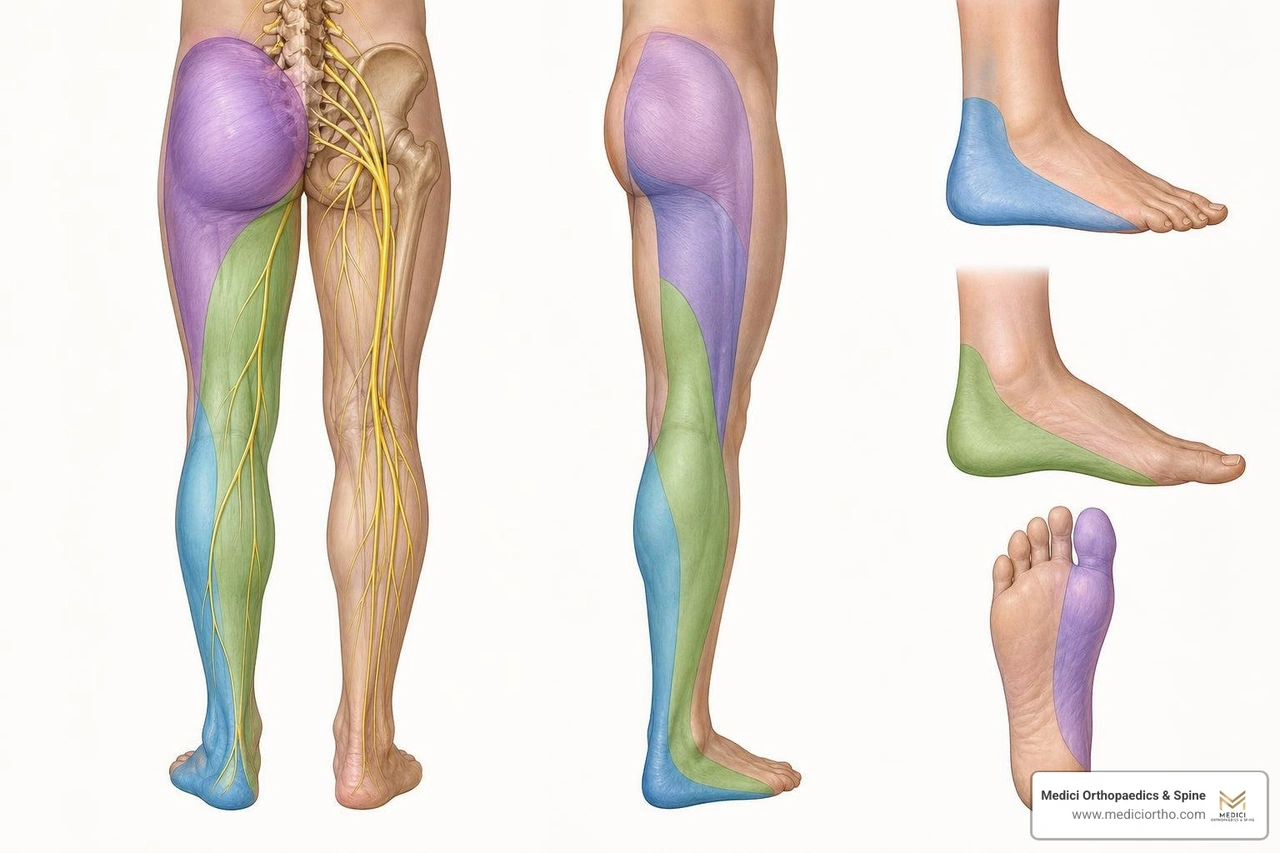 dermatome map showing L4, L5, and S1 nerve pathways down the leg dermatome map showing L4, L5, and S1 nerve pathways down the leg