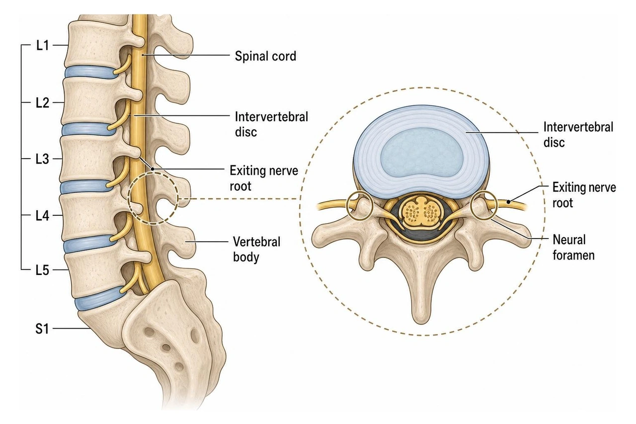 diagram showing the spinal cord, exiting nerve roots, intervertebral discs, and neural foramina diagram showing the spinal cord, exiting nerve roots, intervertebral discs, and neural foramina