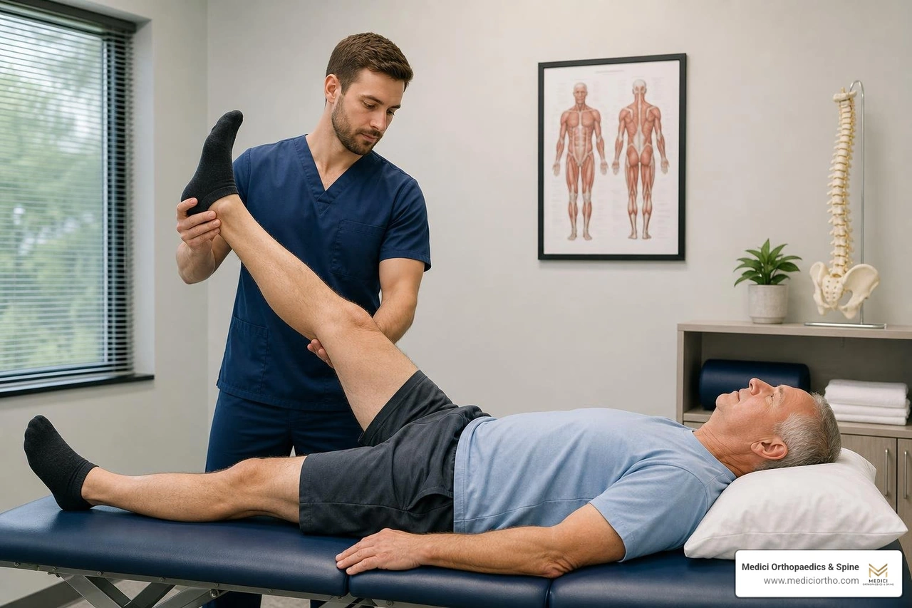 clinician performing a straight leg raise test on a patient lying on an exam table clinician performing a straight leg raise test on a patient lying on an exam table