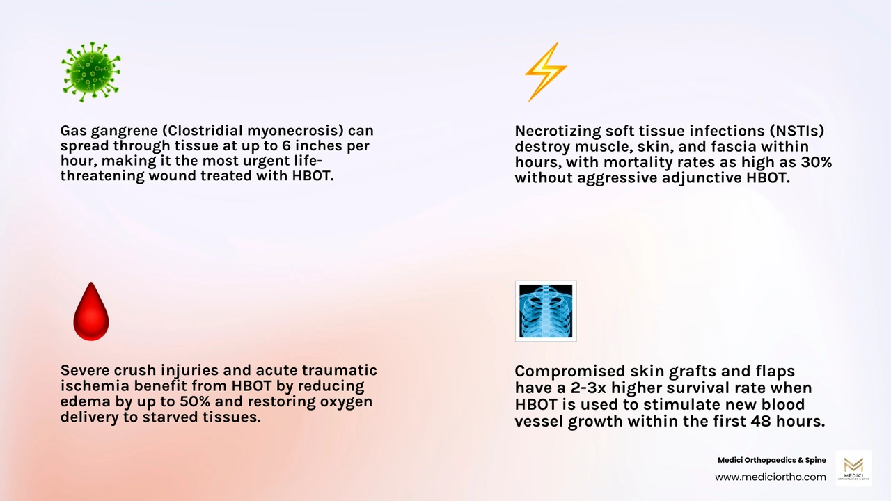 infographic showing life-threatening wounds treated with hyperbaric oxygen therapy and survival outcomes infographic