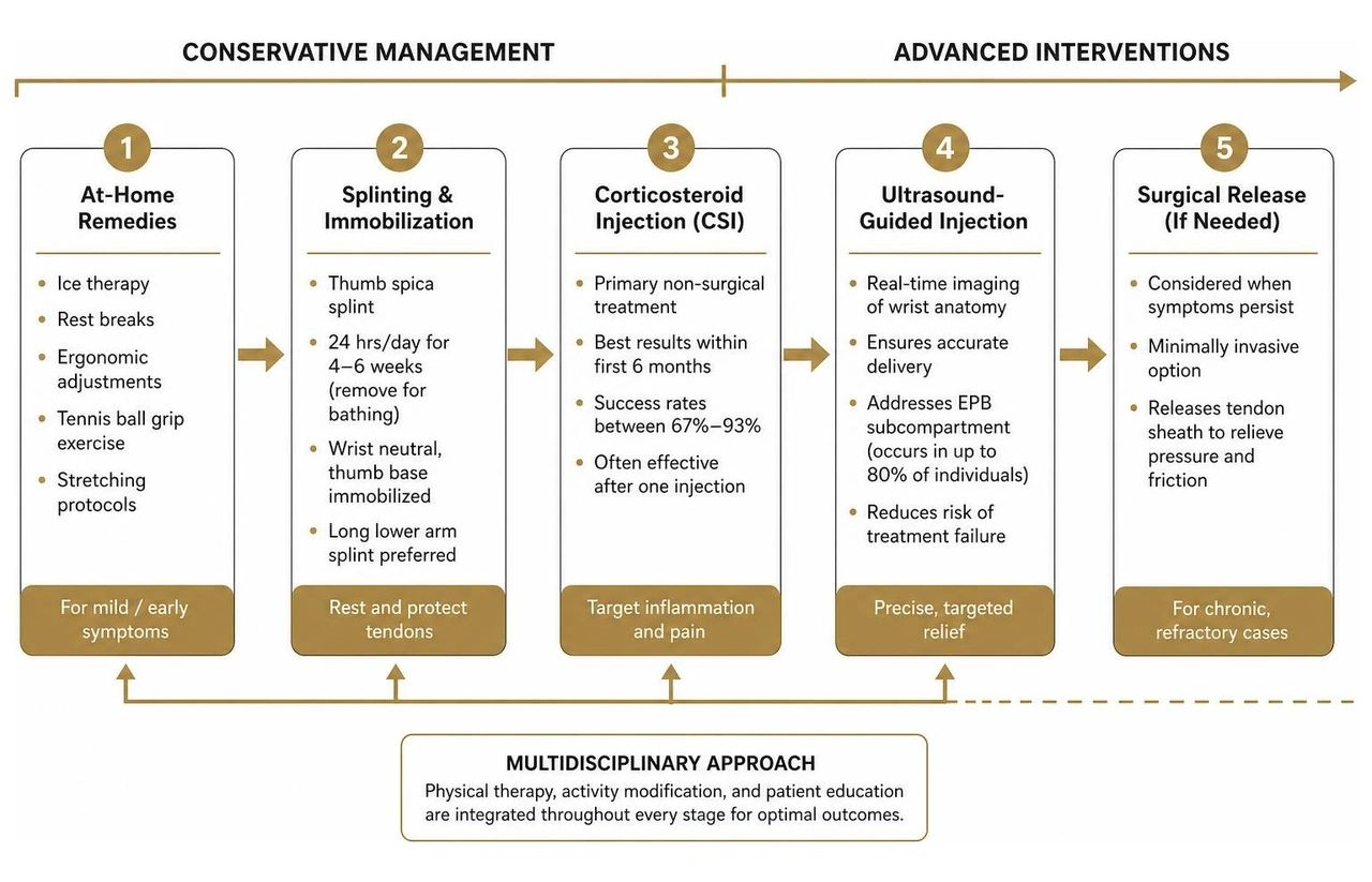 Diagram of de Quervain treatment pathway from conservative to advanced interventions Diagram of de Quervain treatment pathway from conservative to advanced interventions